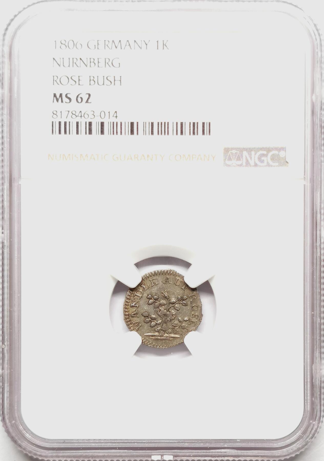凡希社世界钱币微拍第二百七十二期 1806纽伦堡自由市玫瑰丛1K银辅币NGC-MS62，特别图案一年型，稀有品相收藏级！