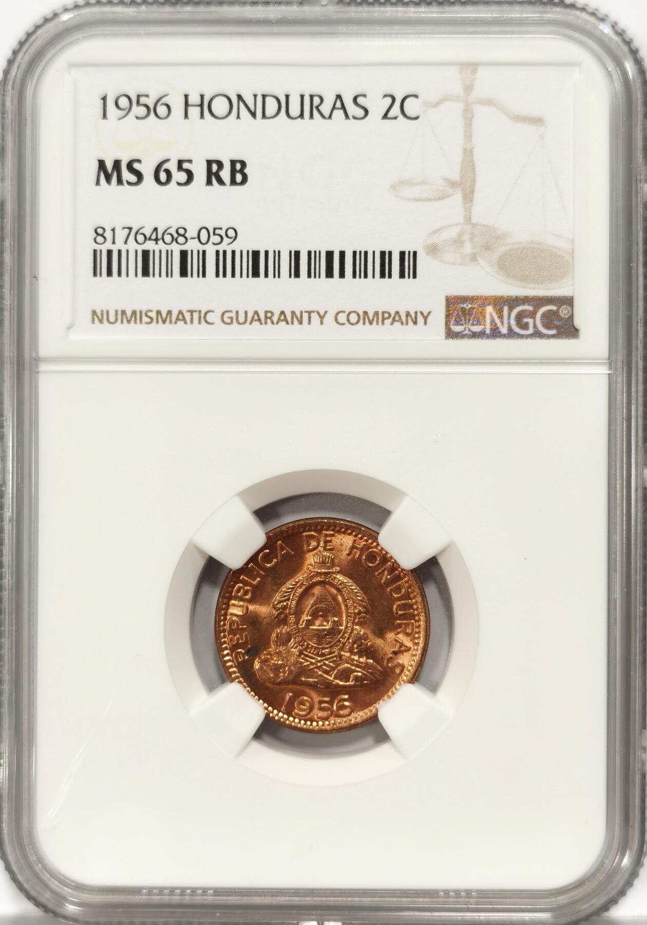 博洋堂世界钱币拍卖第164期（全场包邮） NGC MS65RB 洪都拉斯1956年2分铜币，RB红铜光优美