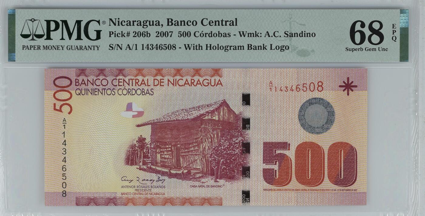 [飞马收藏] PMG高分评级钞 2007 尼加拉瓜 500 Córdobas PMG68EPQ冠军分仅两张 全息贴膜 首冠尾号8