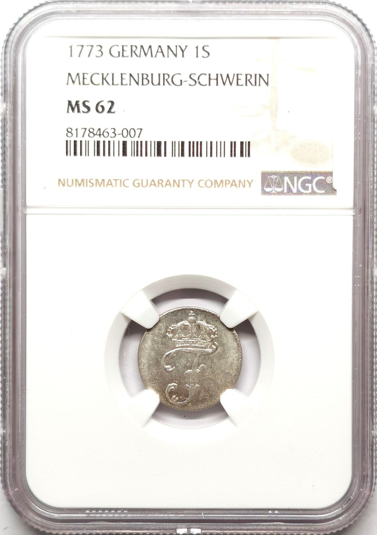凡希社世界钱币微拍第二百七十二期 1773梅克伦堡-什未林1S银辅币NGC-MS62
