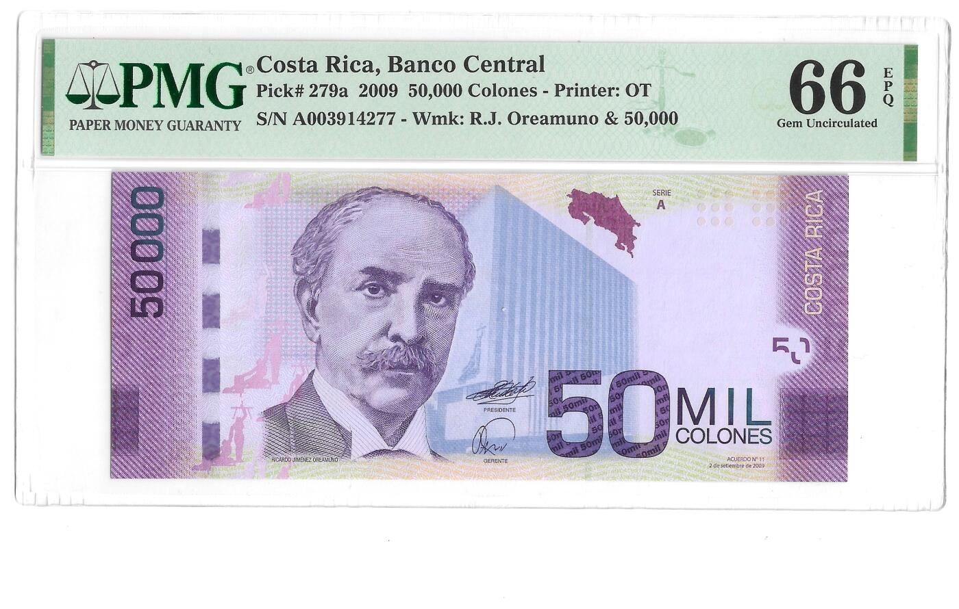 [飞马收藏] PMG高分评级钞 2009 哥斯达黎加 A冠 50000科朗 精美绝伦 热门品种 PMG66EPQ亚军分