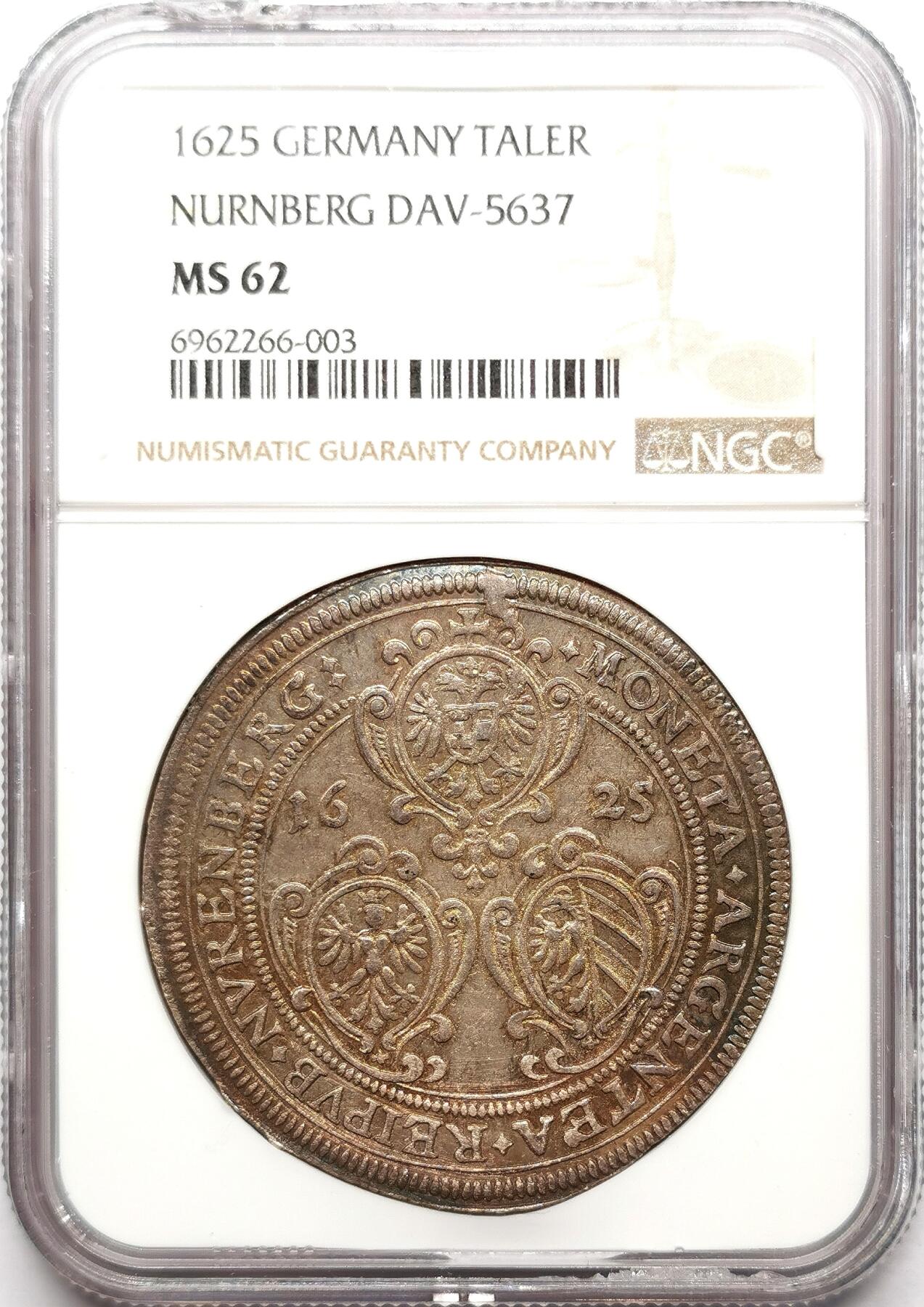 凡希社世界钱币微拍第二百七十二期 荐！1625帝国自由市纽伦堡盾徽与双头鹰泰勒大银NGC-MS62，淡金彩，视觉感极佳的收藏级品质，N唯一亚军分！