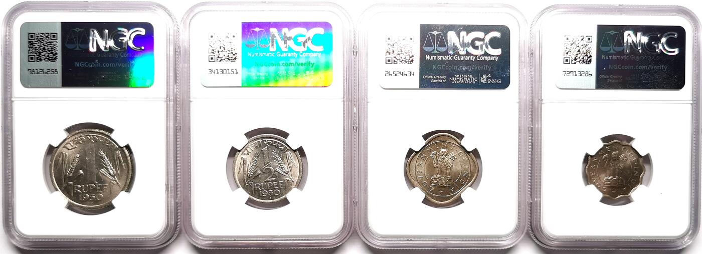 凡希社世界钱币微拍第二百七十二期 1950印度共和国流通版四枚NGC-MS64/65