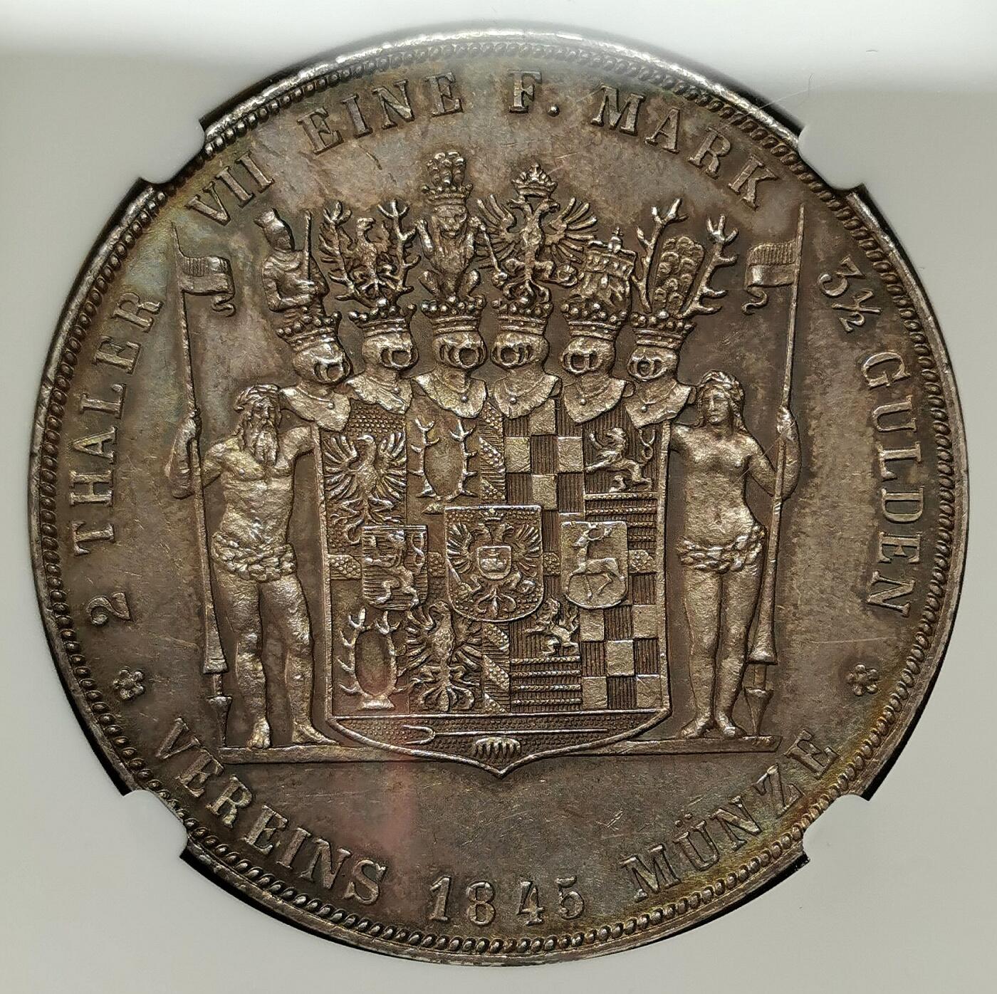 凡希社世界钱币微拍第二百七十二期 荐！1845A施瓦茨堡-桑德豪森2泰勒大银NGC-AU58，欧陆中灰包浆，侧光下五彩温润，实物极其养眼的一枚！