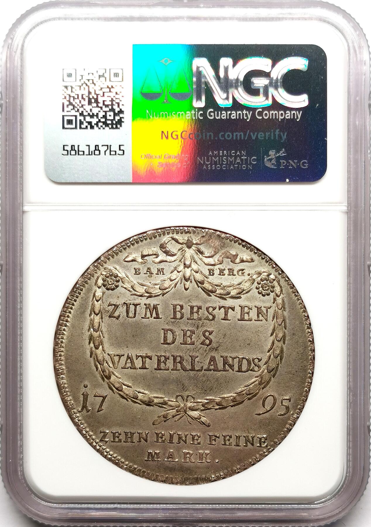 凡希社世界钱币微拍第二百七十二期 1795班贝格主教区弗朗茨路德维希主教泰勒NGC-AU58mint error，一年型，除了正面一处先天币胚缺陷外，品相完美！！