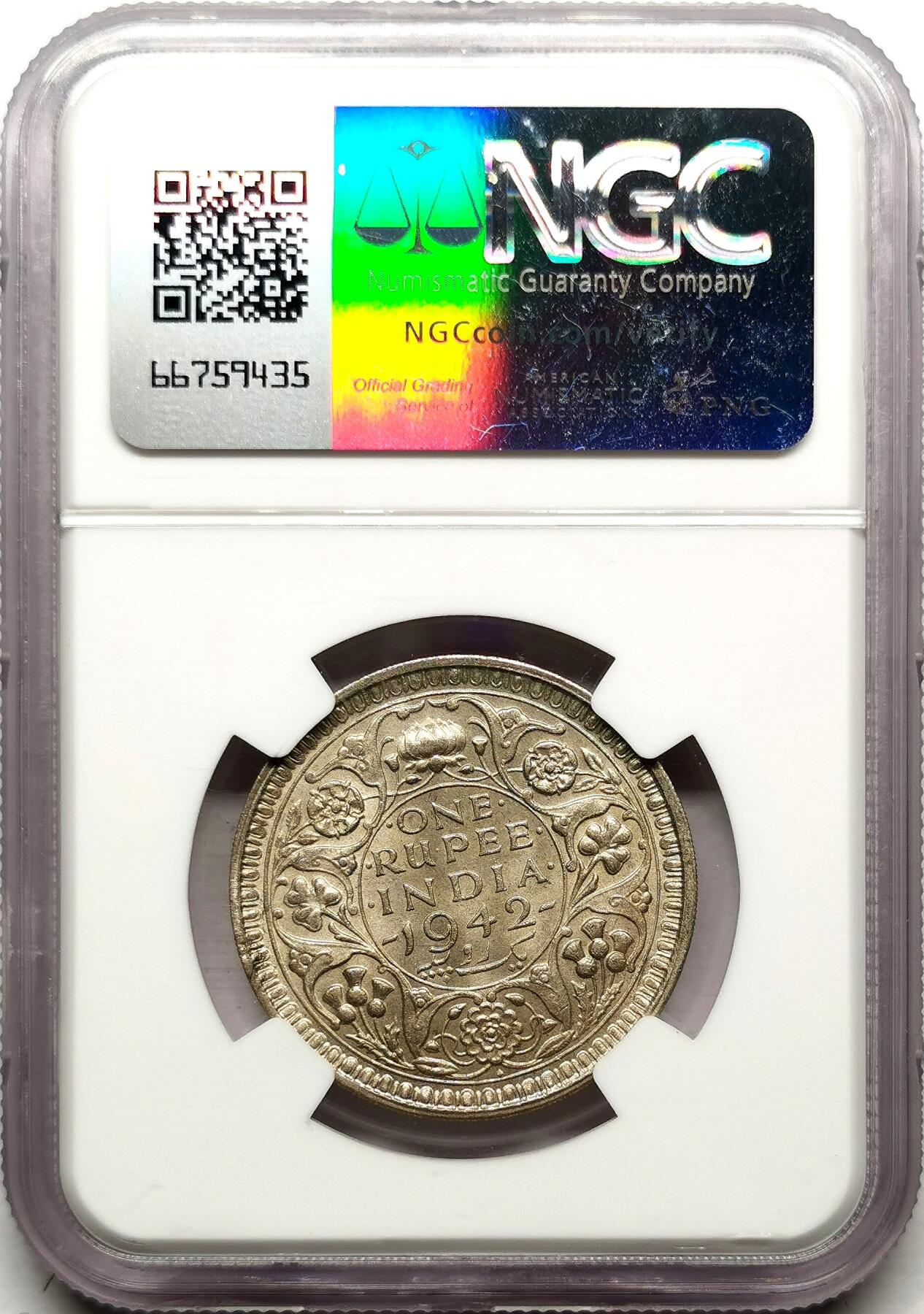 凡希社世界钱币微拍第二百七十二期 1942英属印度乔六卢比NGC-MS63