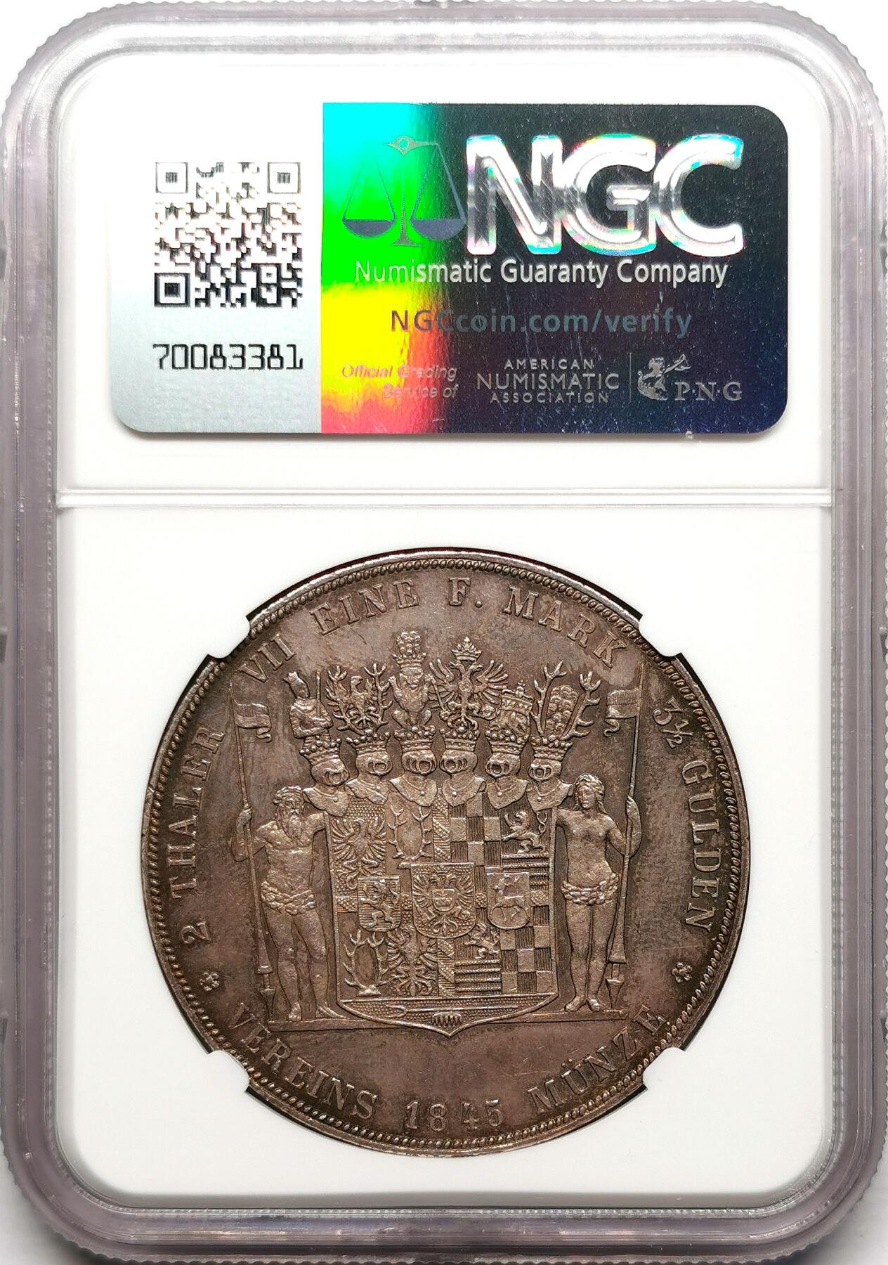 凡希社世界钱币微拍第二百七十二期 荐！1845A施瓦茨堡-桑德豪森2泰勒大银NGC-AU58，欧陆中灰包浆，侧光下五彩温润，实物极其养眼的一枚！