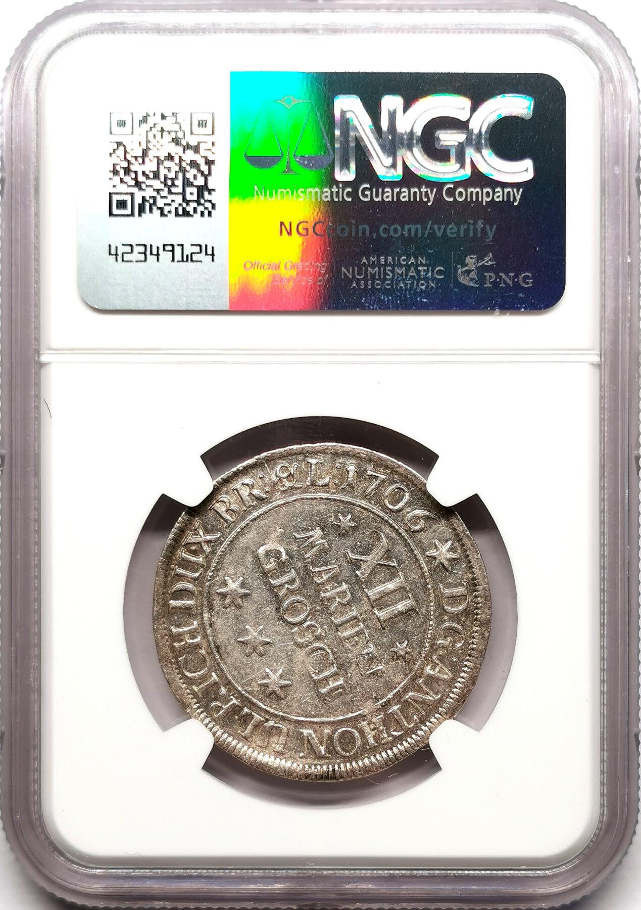 凡希社世界钱币微拍第二百七十二期 1706布伦瑞克-吕内堡-加伦堡-汉诺威野人12MG银币NGC-MS61，乔治路德维希加冕为英王乔治一世以前的欧洲领地，原色银光细节优良的收藏级！