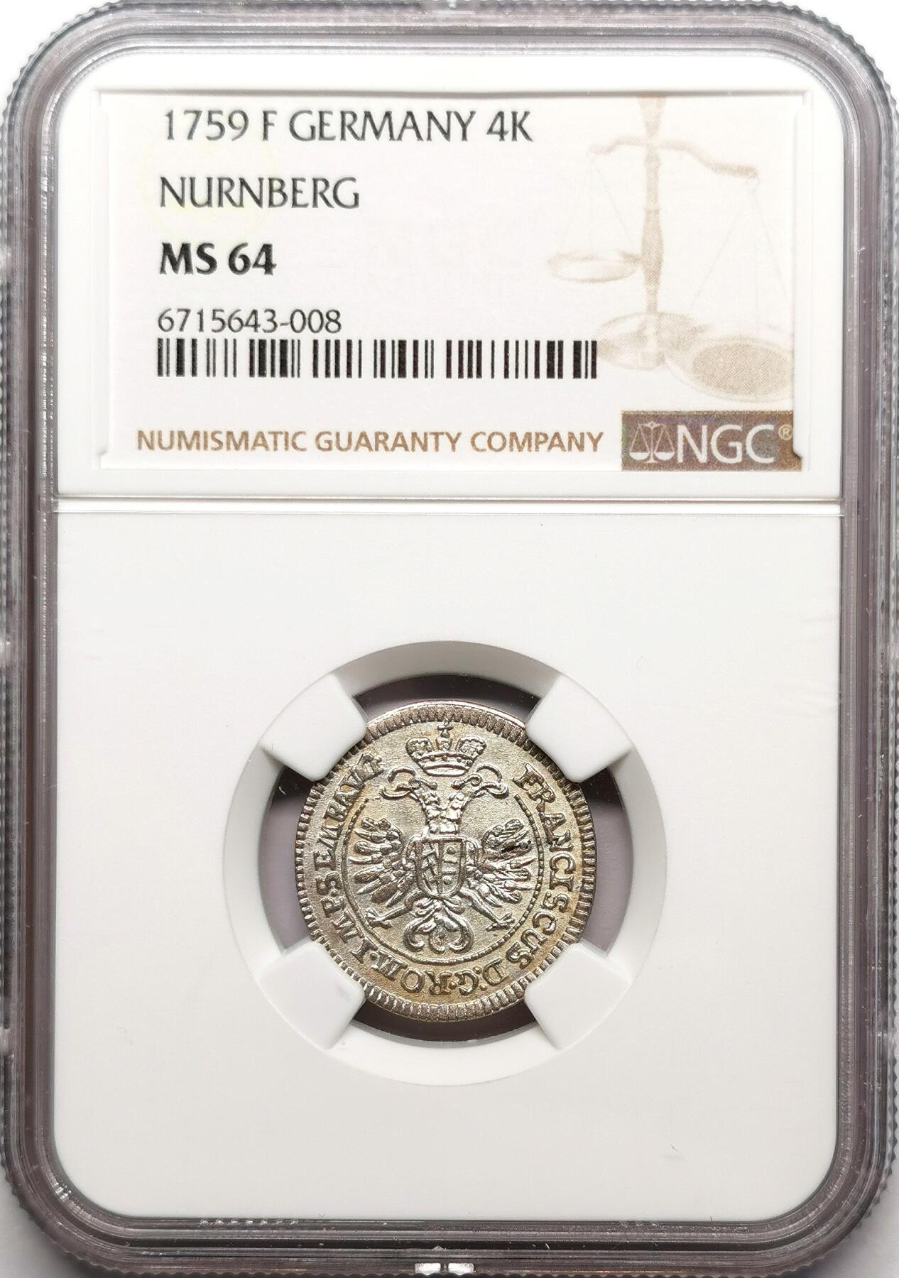 凡希社世界钱币微拍第二百七十二期 1759帝国自由市纽伦堡弗朗茨一世4K银币NGC-MS64，品相罕见！