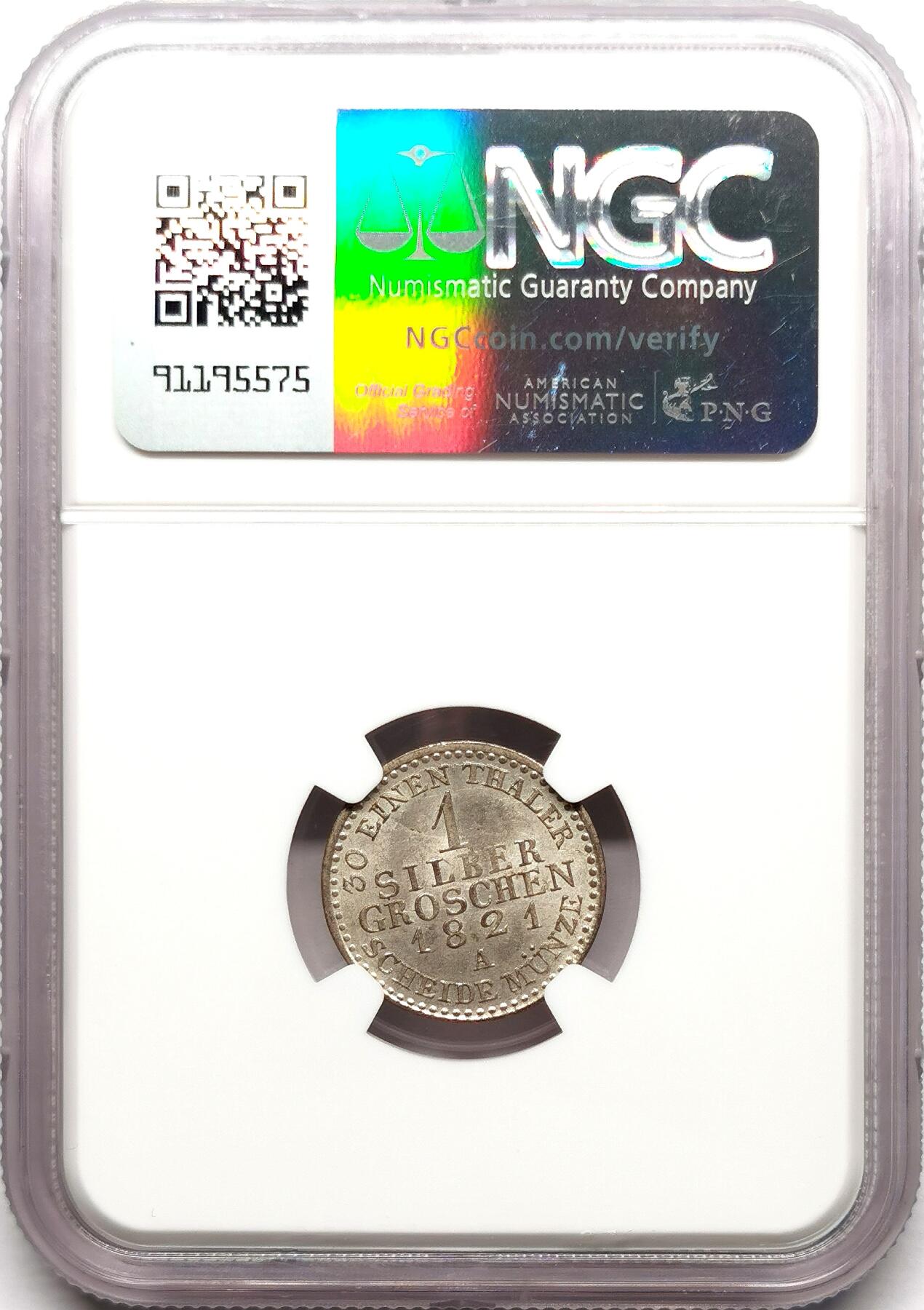 凡希社世界钱币微拍第二百七十二期 1821普鲁士威廉三世1SG银币NGC-MS64