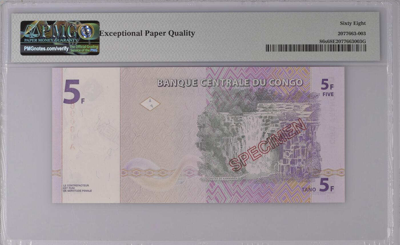 [飞马收藏] PMG高分评级钞 1997 刚果 5 Francs 白犀牛 样钞 PMG68EPQ超高分