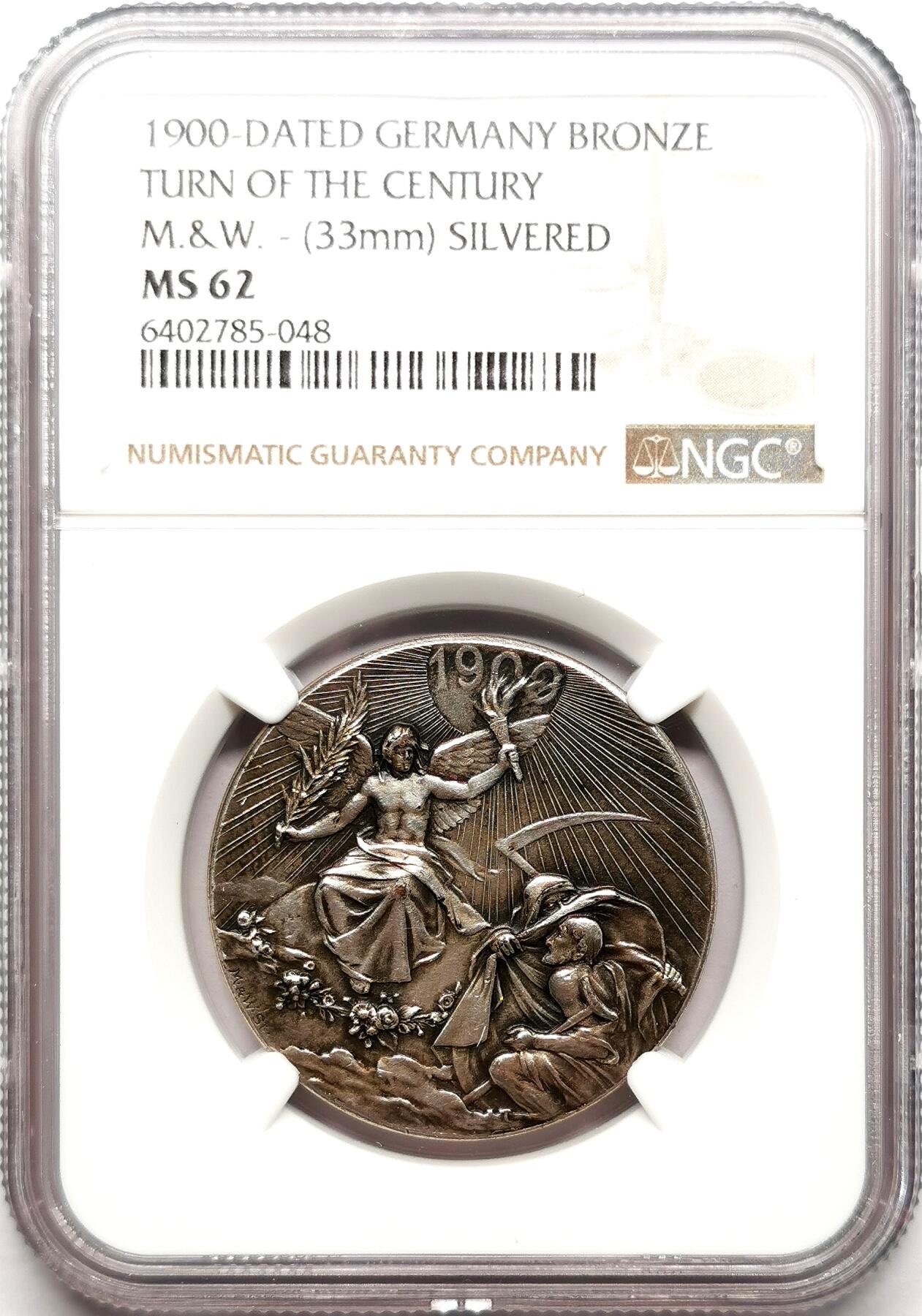 凡希社世界钱币微拍第二百七十二期 1900德国世纪之交“光明驱逐黑暗”纪念镀银章NGC-MS62