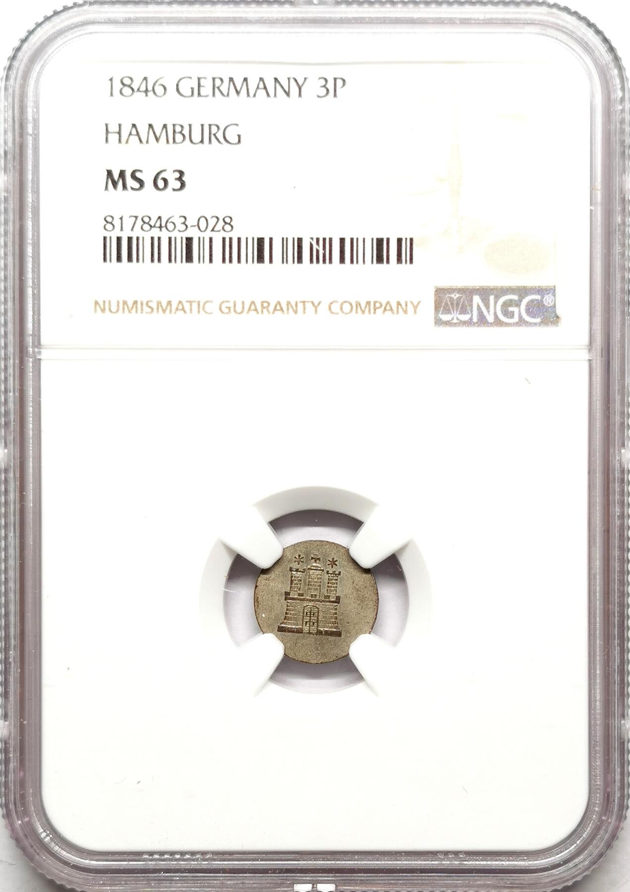 凡希社世界钱币微拍第二百七十二期 1846汉堡自由市3P银币NGC-MS63