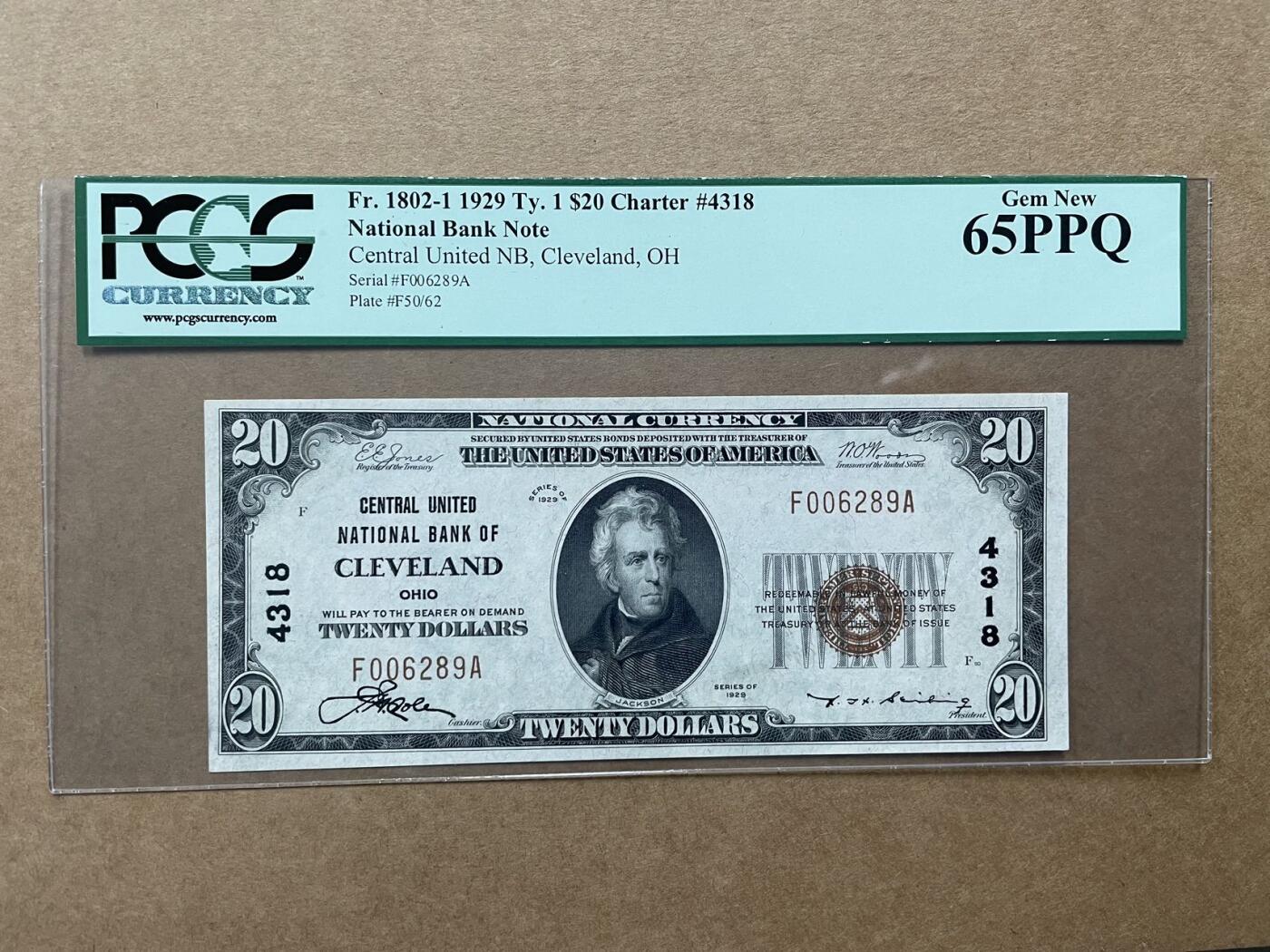 美国1929年国民券20美元 克利夫兰中央联合国民银行 PCGS65PPQ
