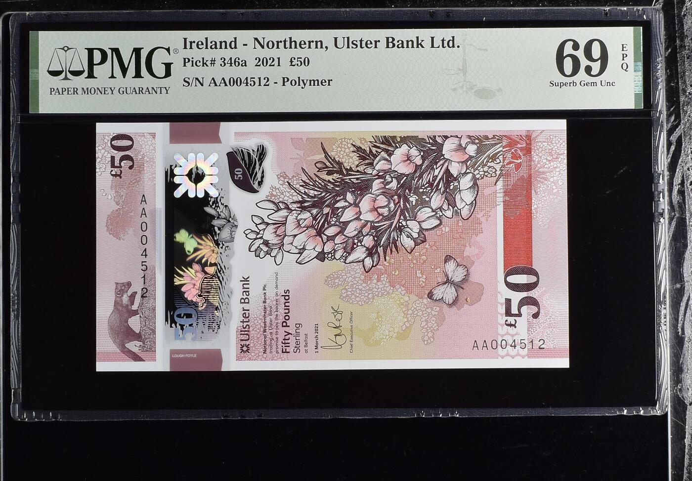 [飞马收藏] PMG高分评级钞 2021 北爱尔兰 £50 首发AA冠 PMG69EPQ 超高分