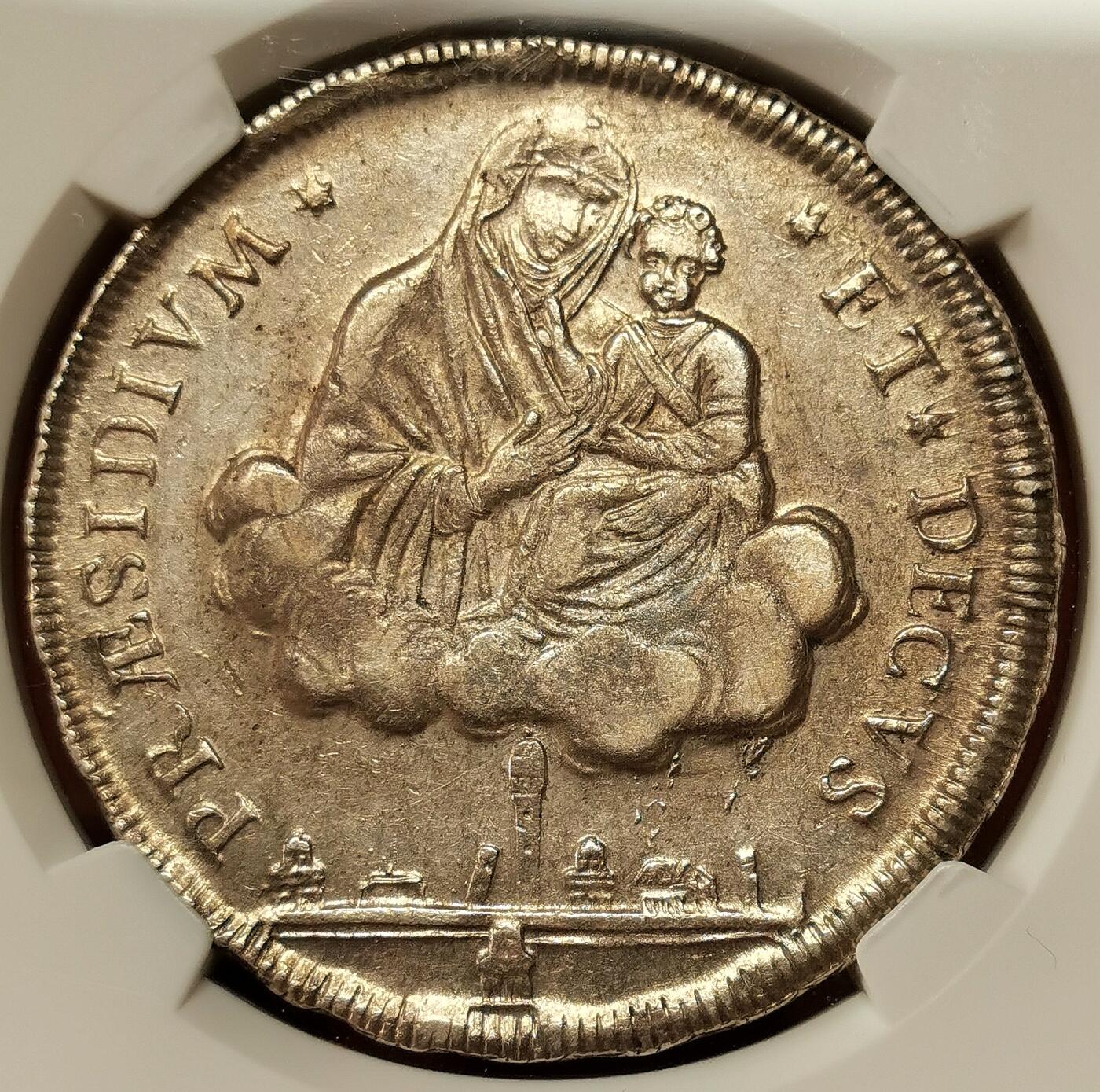 凡希社世界钱币微拍第二百七十二期 荐！1797教皇国博洛尼亚革命政府10Paoli（Scudo）大银NGC-AU58，云端圣母子，盾徽“LIBERTAS”，拿破仑征服时期仅仅铸造两年，稀有！