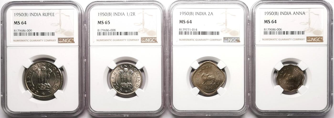 凡希社世界钱币微拍第二百七十二期 1950印度共和国流通版四枚NGC-MS64/65