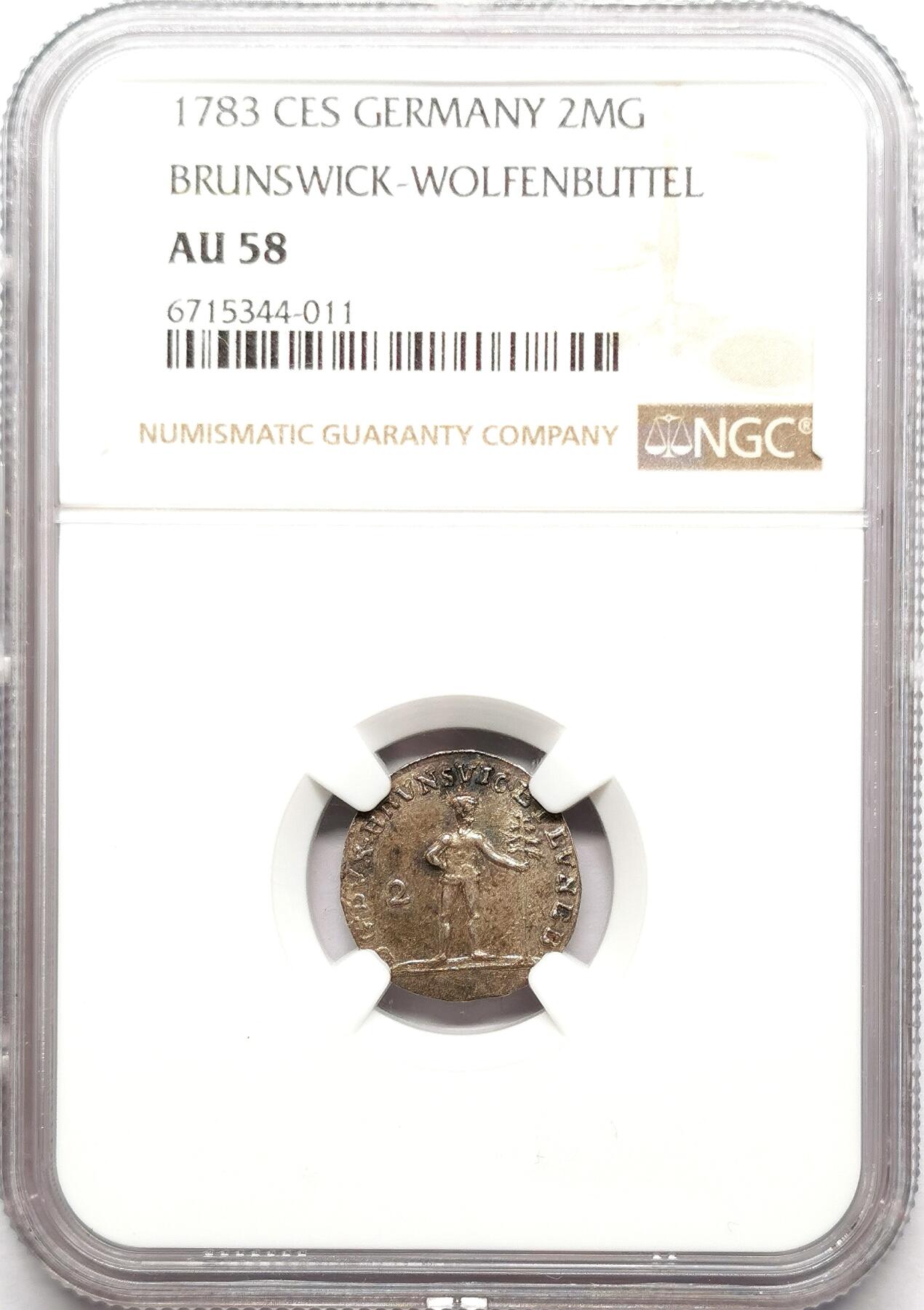 凡希社世界钱币微拍第二百七十二期 1783布伦瑞克-沃芬伯特野人2MG银辅币NGC-AU58