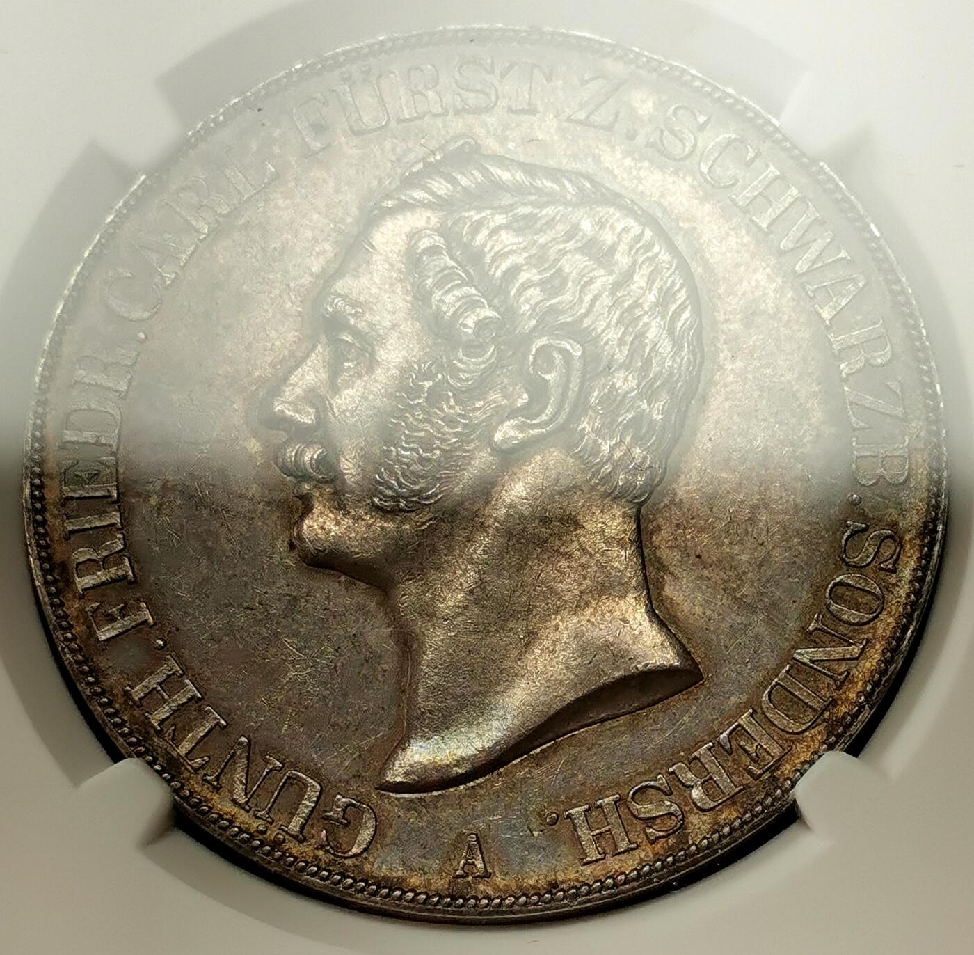 凡希社世界钱币微拍第二百七十二期 荐！1845A施瓦茨堡-桑德豪森2泰勒大银NGC-AU58，欧陆中灰包浆，侧光下五彩温润，实物极其养眼的一枚！