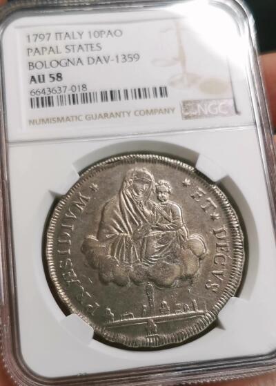 凡希社世界钱币微拍第二百七十二期 荐！1797教皇国博洛尼亚革命政府10Paoli（Scudo）大银NGC-AU58，云端圣母子，盾徽“LIBERTAS”，拿破仑征服时期仅仅铸造两年，稀有！
