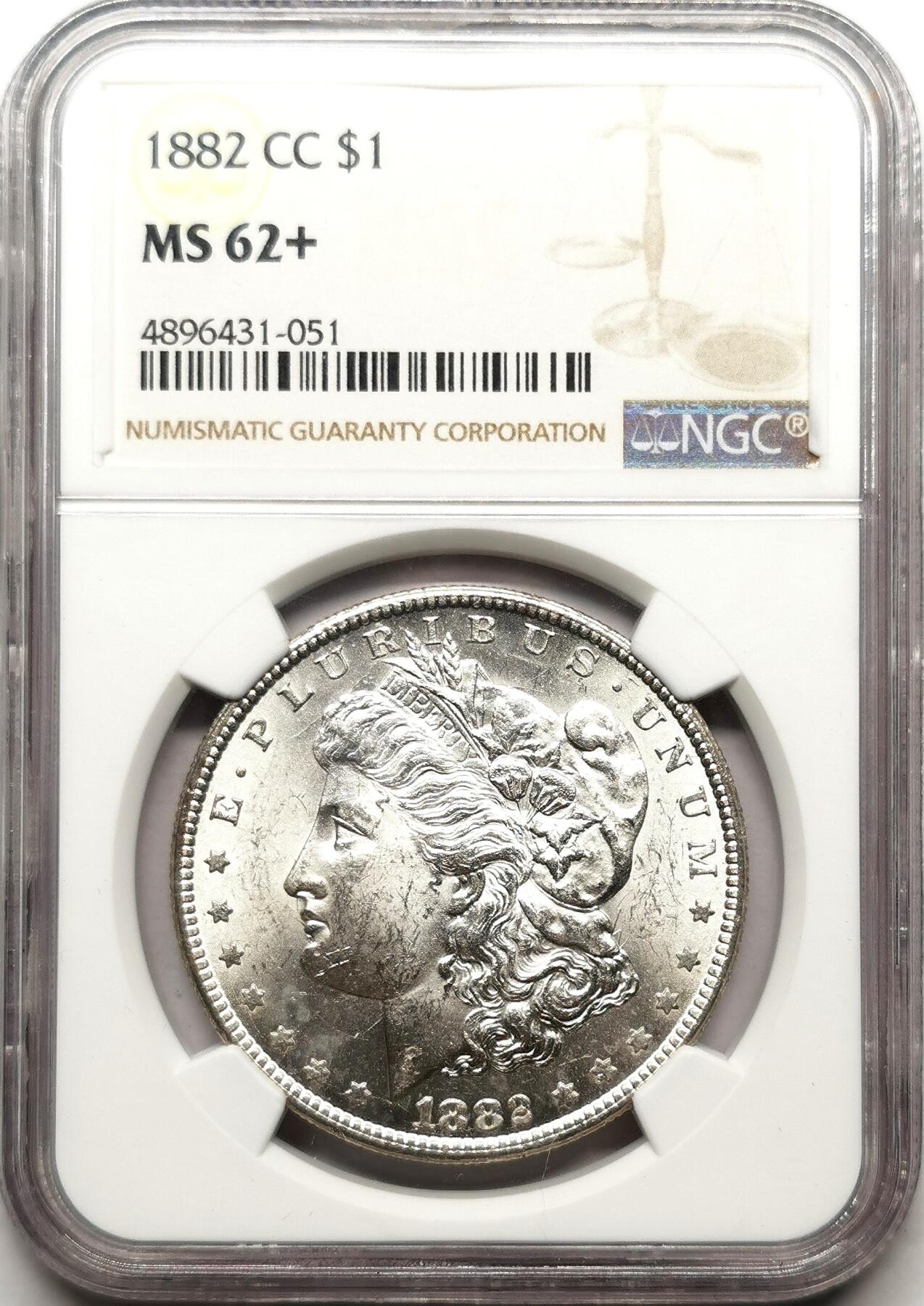 凡希社世界钱币微拍第二百七十二期 1882CC美国摩根壹元NGC-MS62+，稀有厂版！