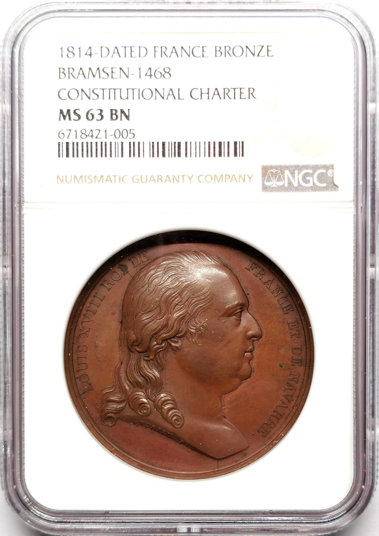 凡希社世界钱币微拍第二百七十二期 1814法国路易十八颁布1814宪章纪念铜章NGC-MS63