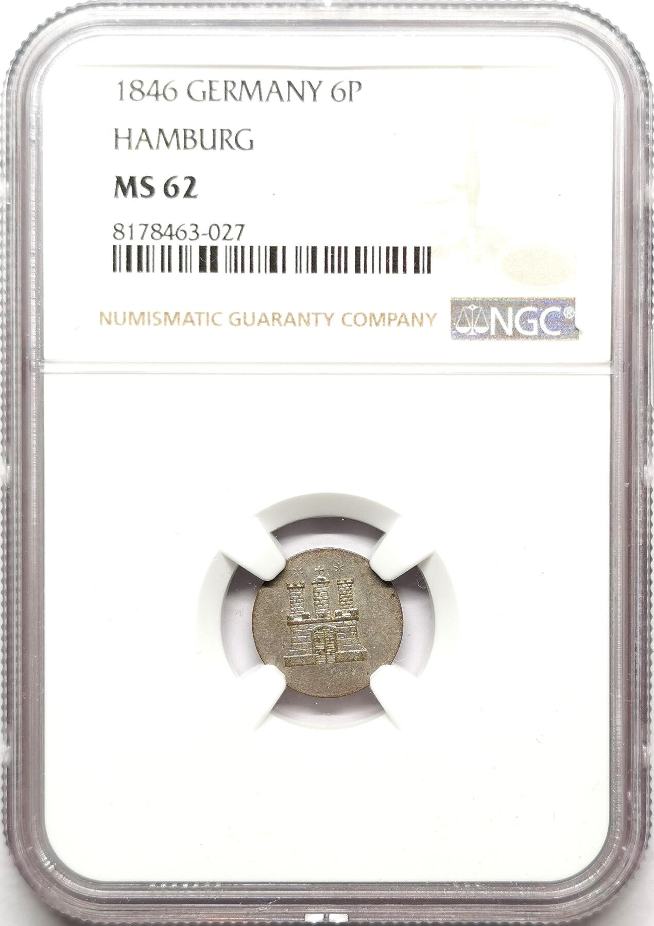 凡希社世界钱币微拍第二百七十二期 1846汉堡自由市6P银币NGC-MS62