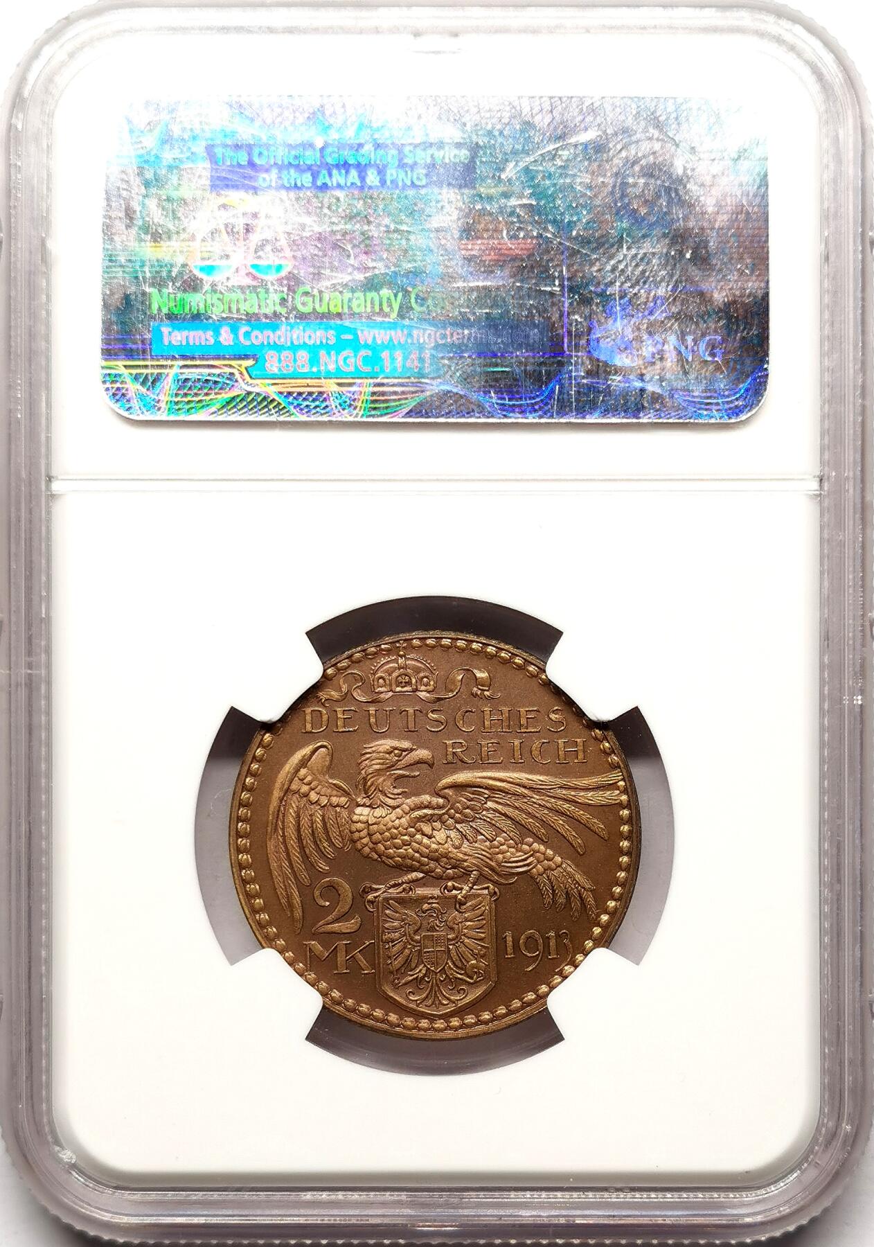 凡希社世界钱币微拍第二百七十二期 1913德国巴伐利亚哥茨2马克铜样币NGC-PF65RB