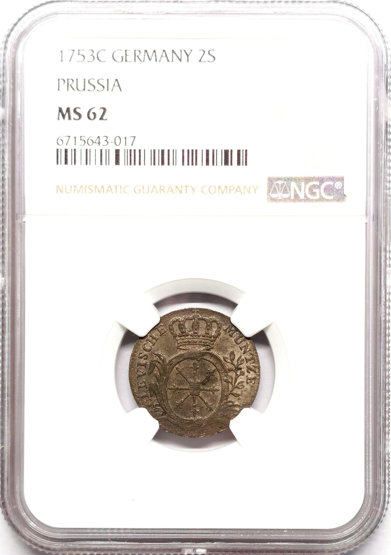 凡希社世界钱币微拍第二百七十二期 1753C克勒弗公国2ST低银辅币NGC-MS62，普鲁士腓特烈二世统治时期！