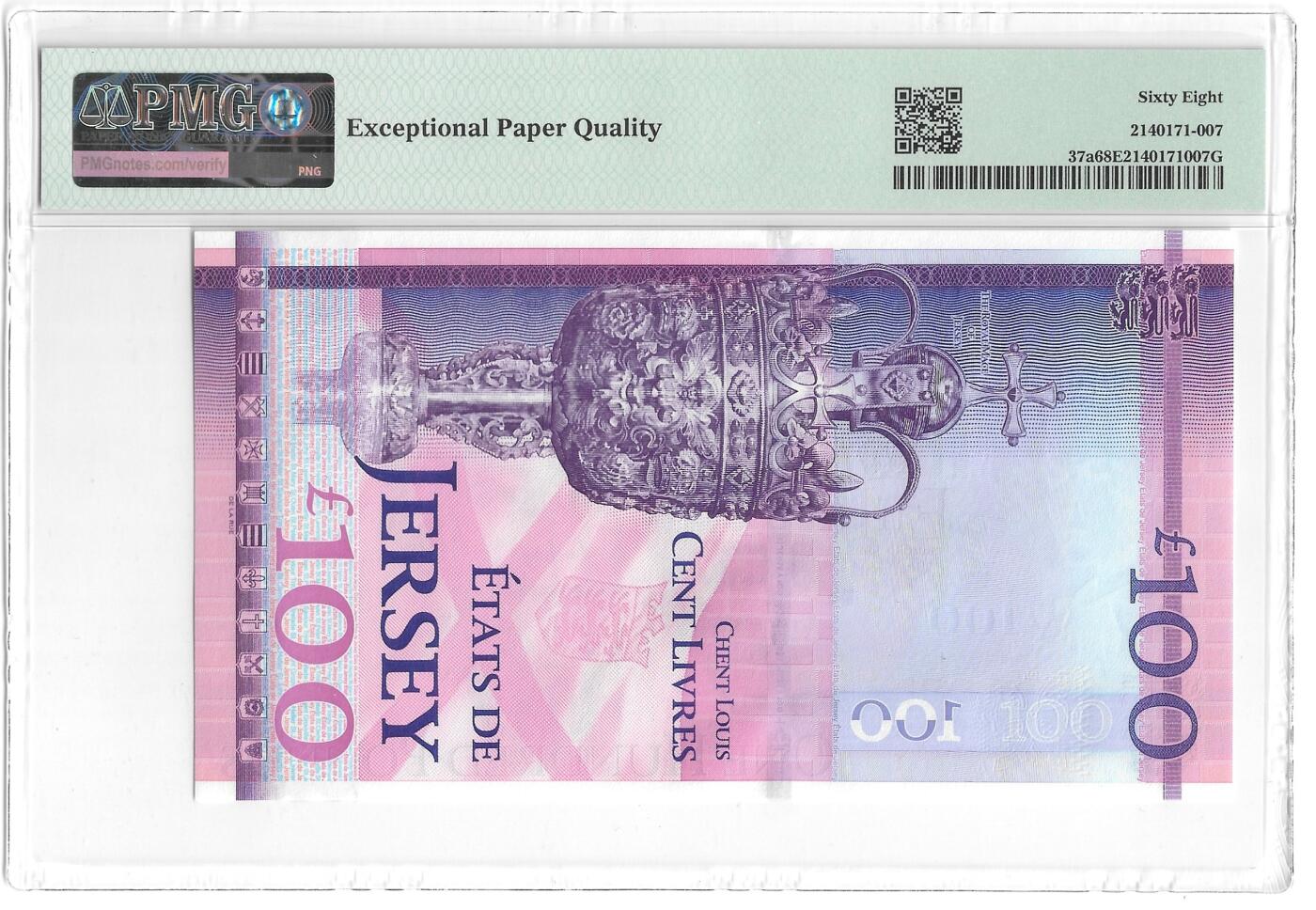 [飞马收藏] PMG高分评级钞 2012 泽西 £100 女王登基60周年 纪念钞 尾号8 PMG68EPQ 超高分 热门品种