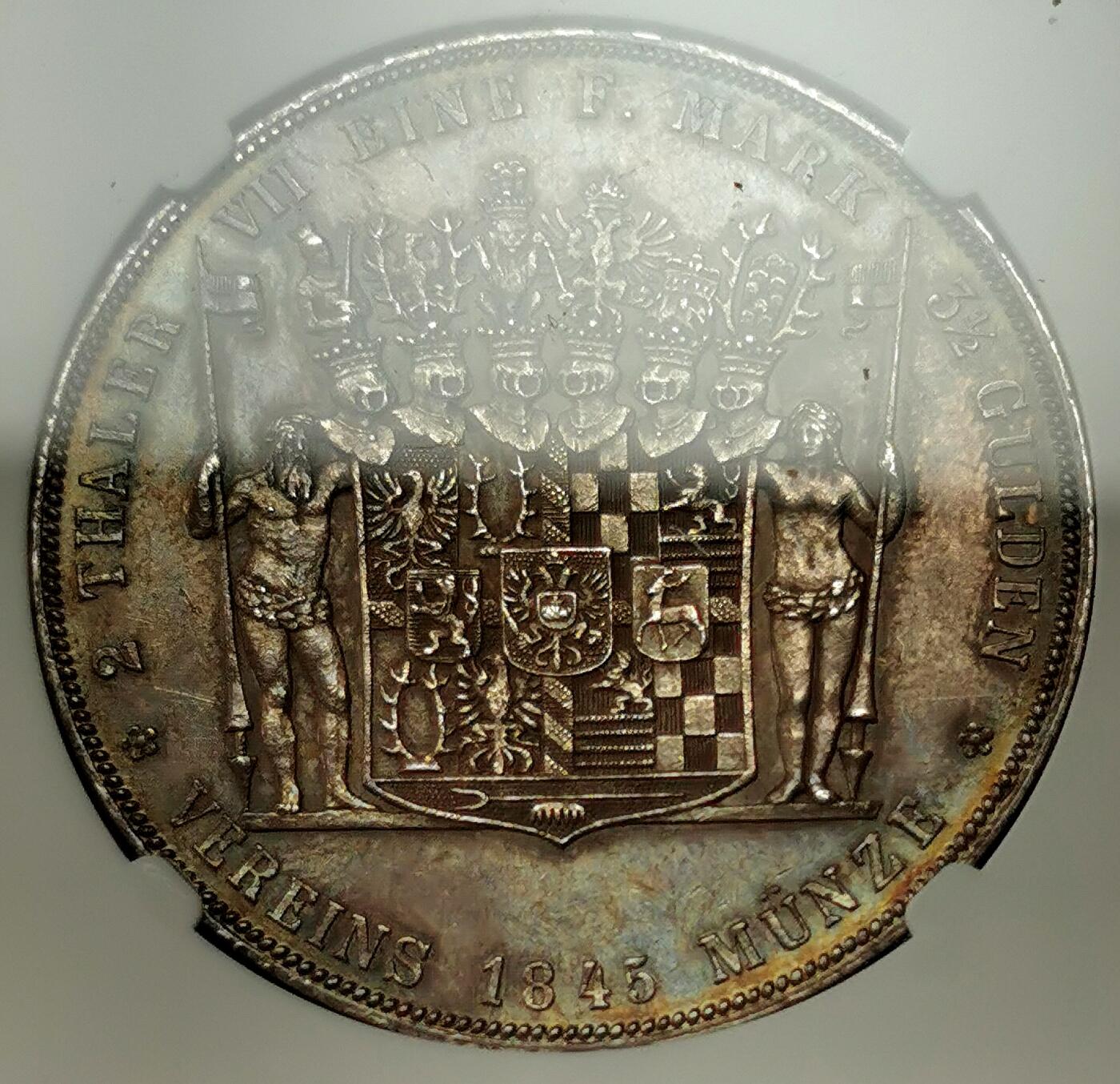 凡希社世界钱币微拍第二百七十二期 荐！1845A施瓦茨堡-桑德豪森2泰勒大银NGC-AU58，欧陆中灰包浆，侧光下五彩温润，实物极其养眼的一枚！