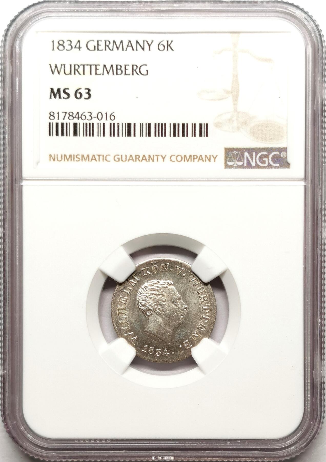 凡希社世界钱币微拍第二百七十二期 1834符腾堡公国6K银辅币NGC-MS63