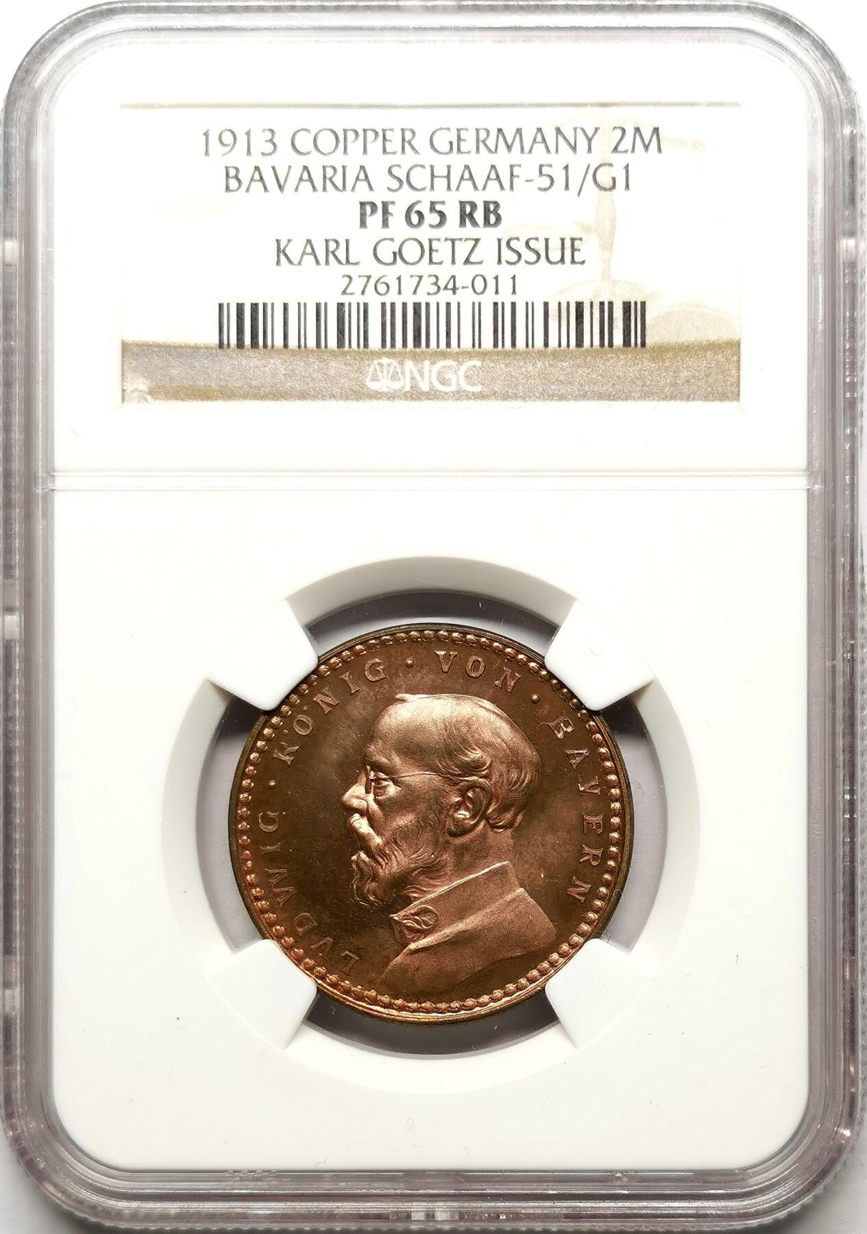 凡希社世界钱币微拍第二百七十二期 1913德国巴伐利亚哥茨2马克铜样币NGC-PF65RB