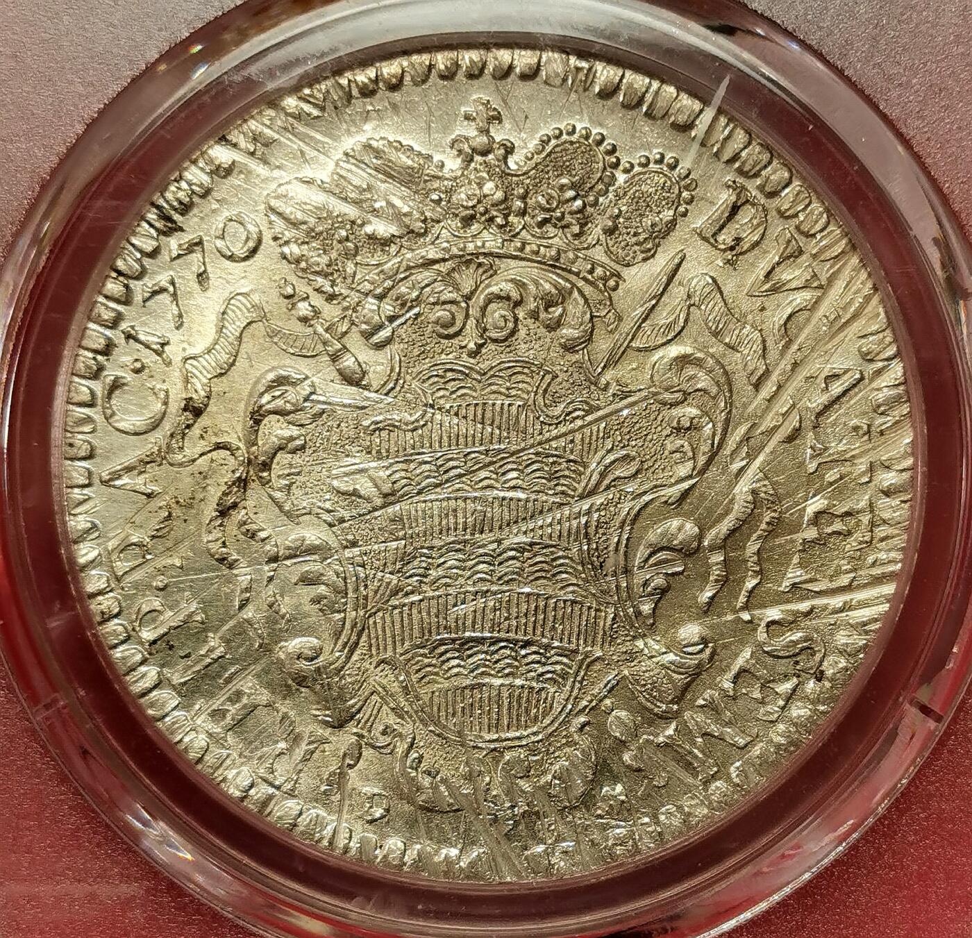 凡希社世界钱币微拍第二百七十二期 荐！1770拉古萨共和国tallero大银PCGS-MS63，罕见的原银光品相，背面减重痕略多，P唯一最高分！