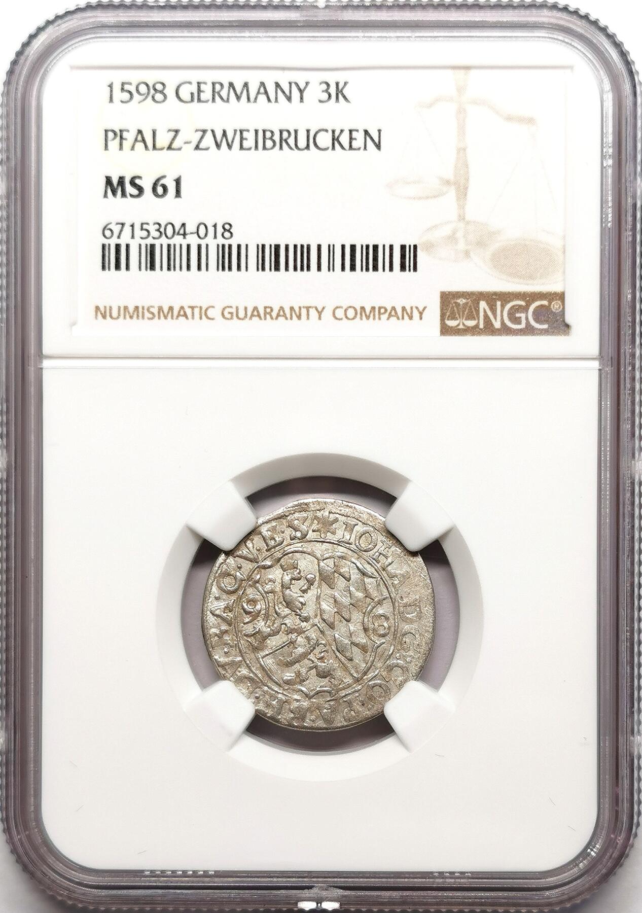 凡希社世界钱币微拍第二百七十二期 1598普法尔茨-茨魏布吕肯3K银币NGC-MS61，高品稀见品种！