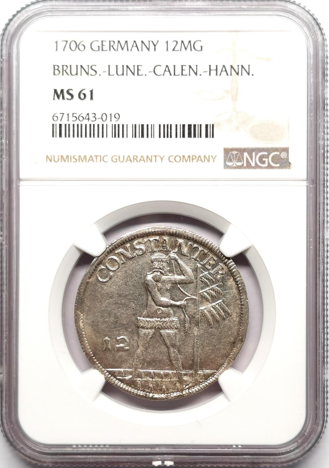 凡希社世界钱币微拍第二百七十二期 1706布伦瑞克-吕内堡-加伦堡-汉诺威野人12MG银币NGC-MS61，乔治路德维希加冕为英王乔治一世以前的欧洲领地，原色银光细节优良的收藏级！