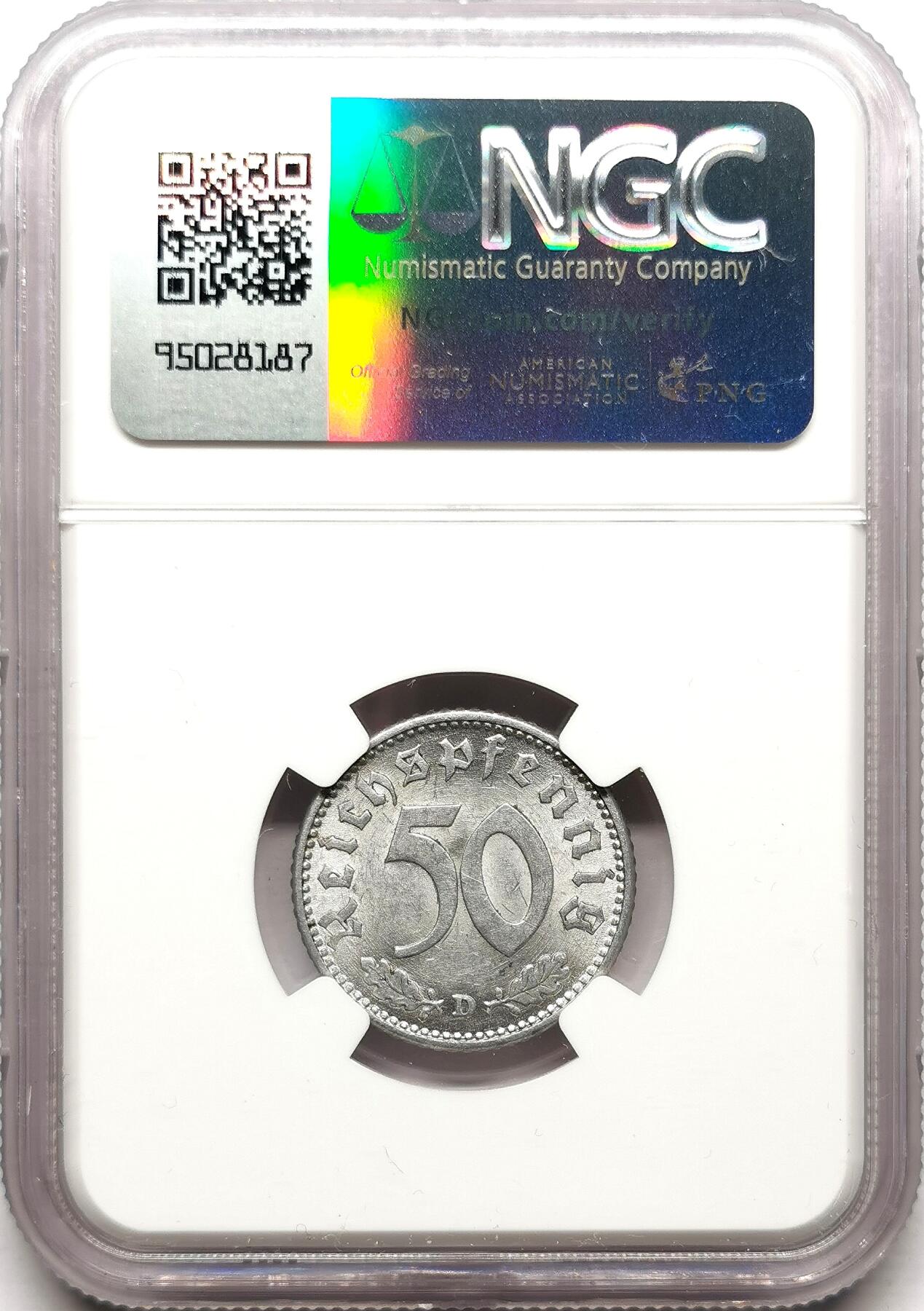 凡希社世界钱币微拍第二百七十二期 1943D德国50芬尼铝币NGC-MS62