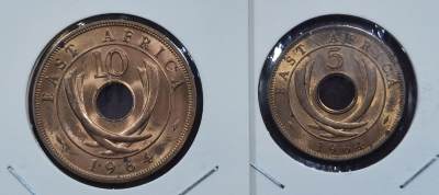 北京马甸外国币专卖微拍第121期，外国非贵金属纪念币，流通币专场，陆续上新，欢迎关注 - 未流通原光好品：英属东非1964年10分5分 一对过渡版 伊丽莎白二世 发行一年 青铜币 25.5mm
