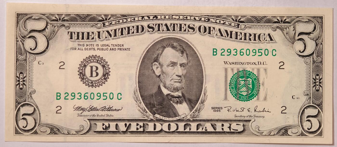 紫瑗钱币——第363期拍卖——纸币场 美国 1995年 B版 无序列 亚伯拉罕·林肯 5美元 小头版 UNC