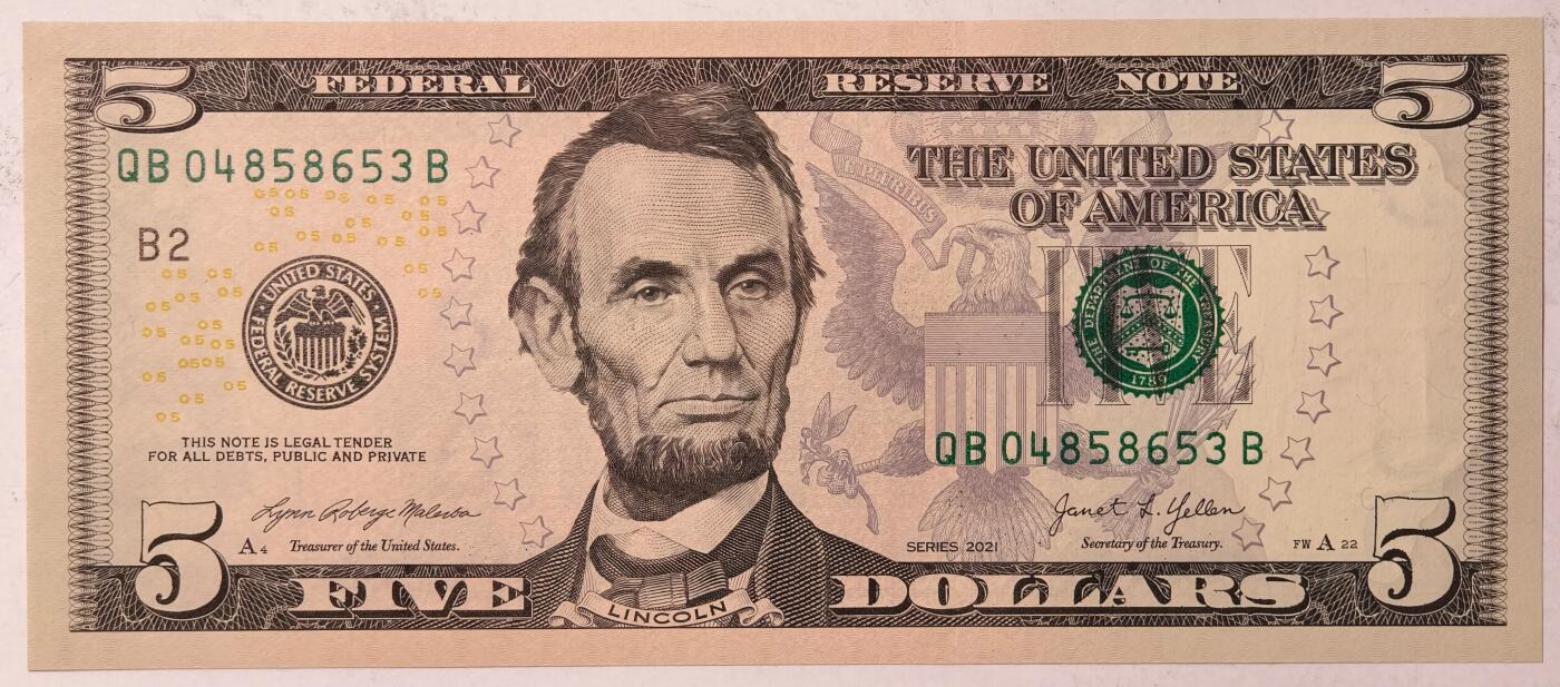 紫瑗钱币——第363期拍卖——纸币场 美国 2021年 B版 无序列 亚伯拉罕·林肯 5美元 彩色版 UNC