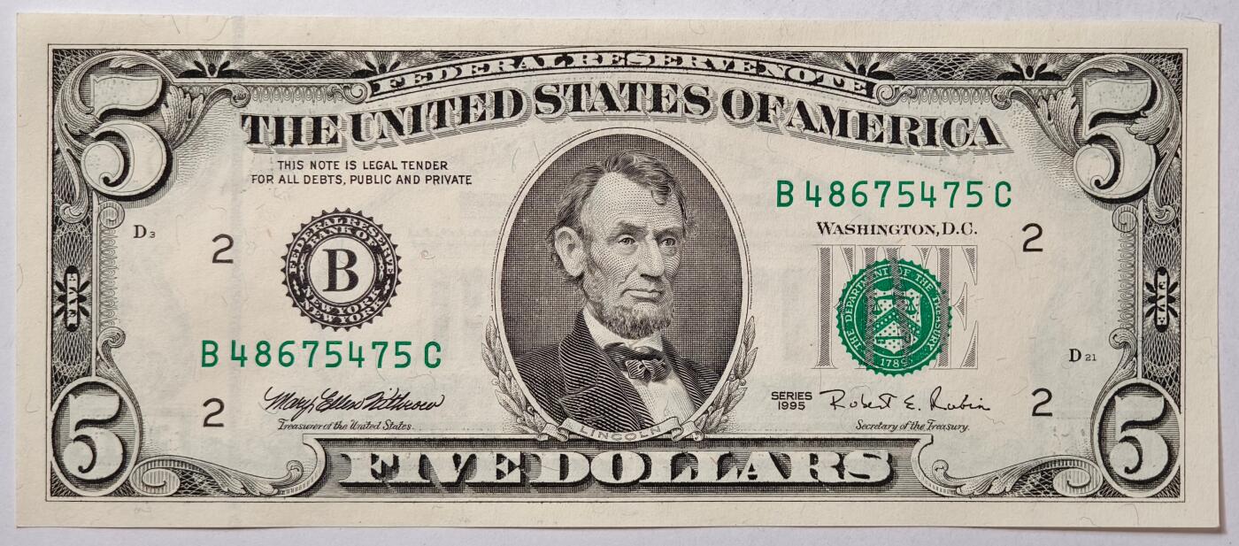 紫瑗钱币——第363期拍卖——纸币场 美国 1995年 B版 无序列 亚伯拉罕·林肯 5美元 小头版 UNC