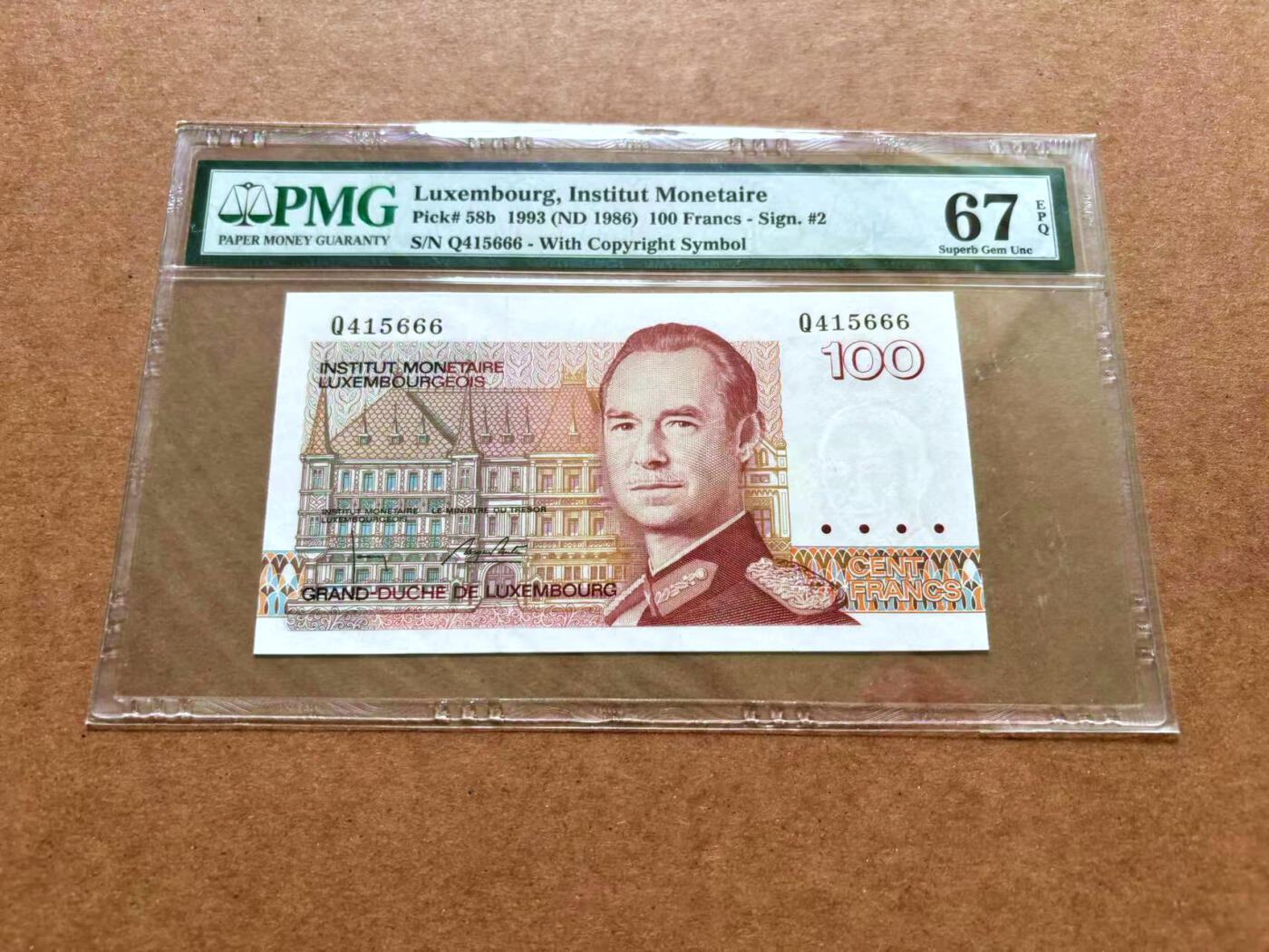 【Blue Auction】✨世界纸币精拍第489期【精】 【666豹子号】卢森堡 1993年100法郎 PMG67EPQ 高分