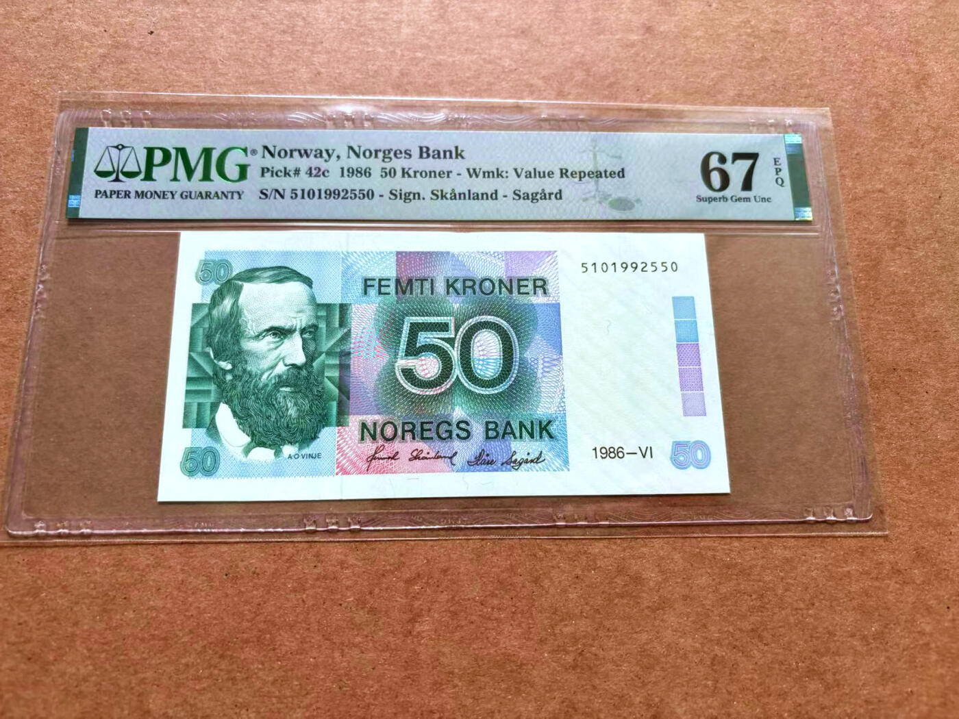 【Blue Auction】✨世界纸币精拍第489期【精】 【无47】挪威 1986年50克朗 PMG67EPQ 高分