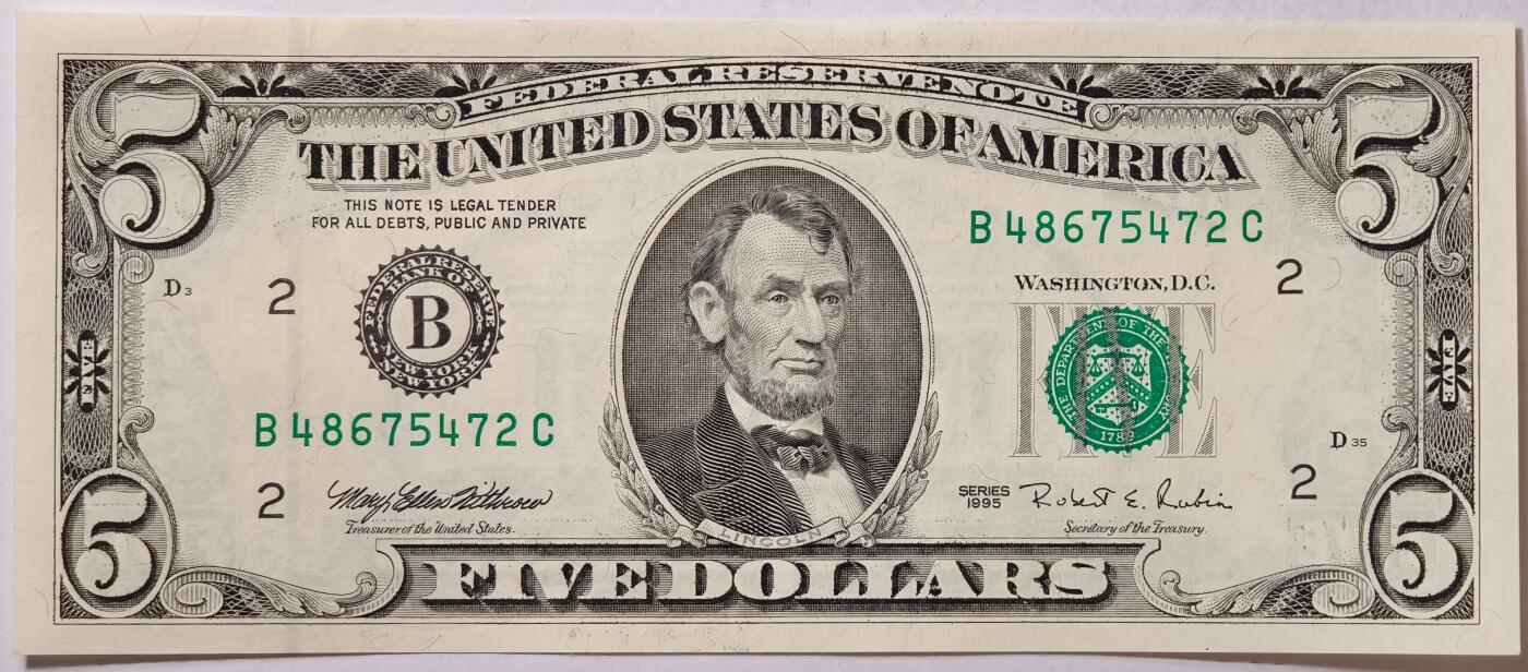 紫瑗钱币——第363期拍卖——纸币场 美国 1995年 B版 无序列 亚伯拉罕·林肯 5美元 小头版 UNC