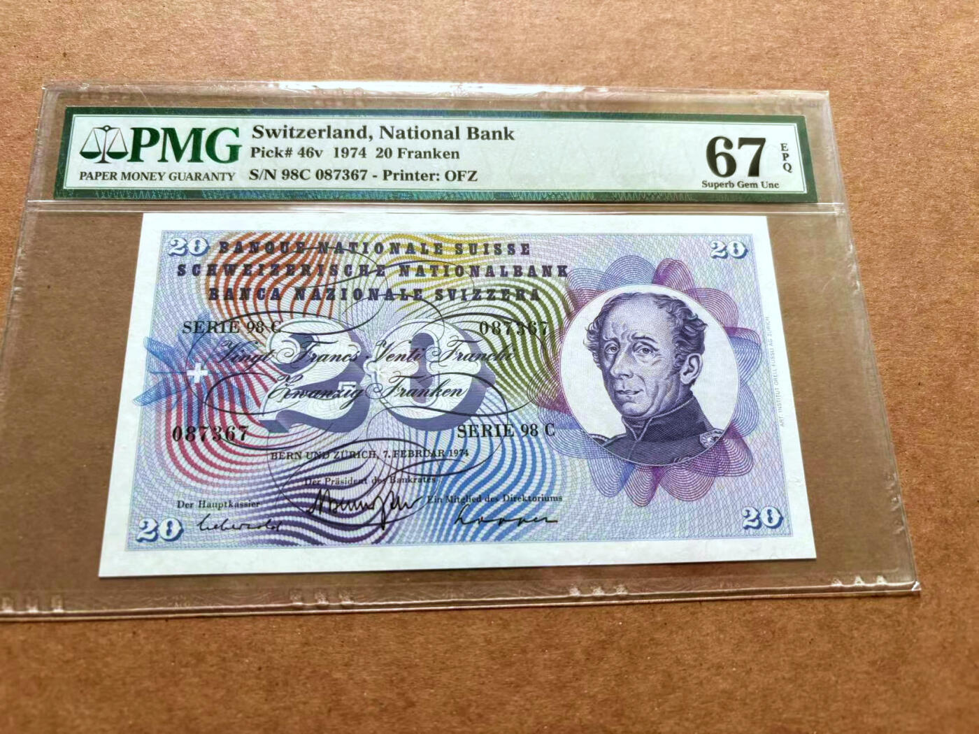 【Blue Auction】✨世界纸币精拍第489期【精】 瑞士 1974年20法郎 PMG67EPQ 高分