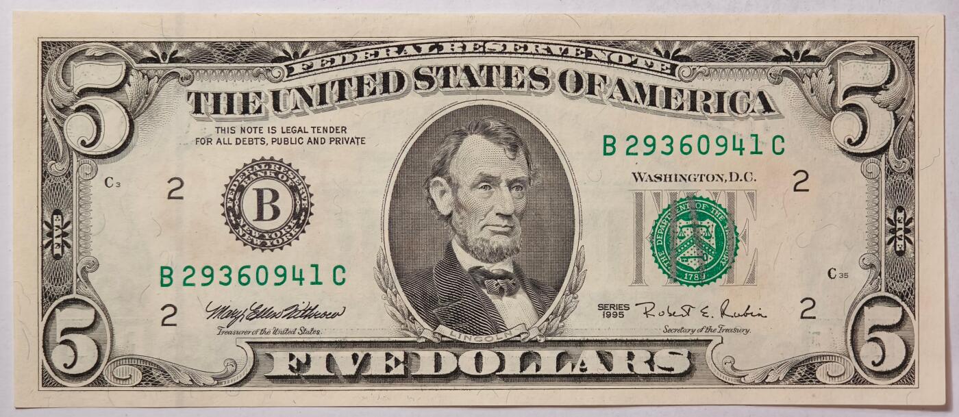 紫瑗钱币——第363期拍卖——纸币场 美国 1995年 B版 无序列 亚伯拉罕·林肯 5美元 小头版 UNC