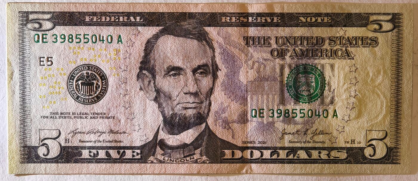 紫瑗钱币——第363期拍卖——纸币场 美国 2021年 E版 无序列 亚伯拉罕·林肯 5美元 彩色版 UNC