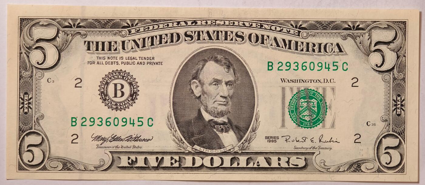 紫瑗钱币——第363期拍卖——纸币场 美国 1995年 B版 无序列 亚伯拉罕·林肯 5美元 小头版 UNC