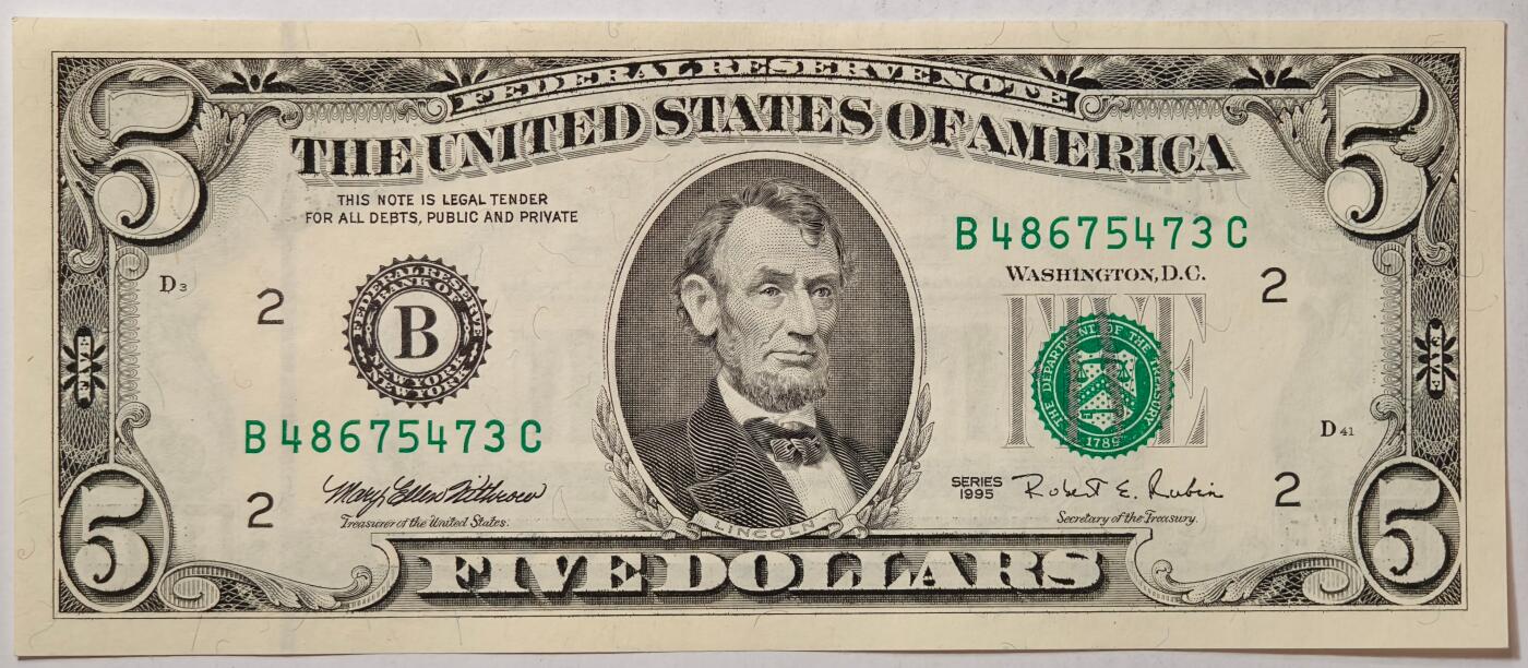紫瑗钱币——第363期拍卖——纸币场 美国 1995年 B版 无序列 亚伯拉罕·林肯 5美元 小头版 UNC