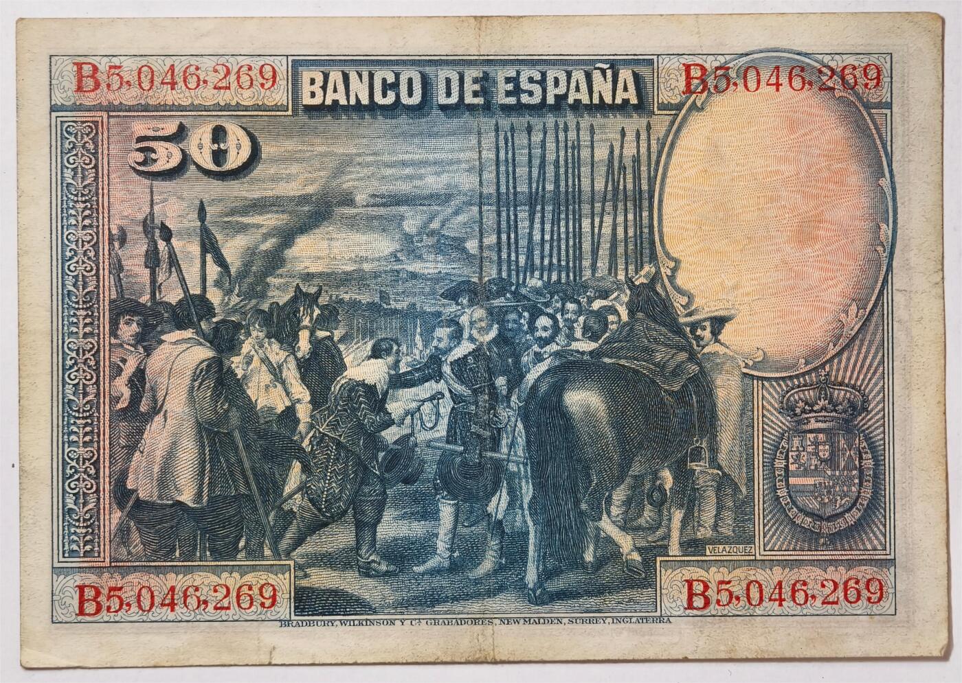 紫瑗钱币——第391期拍卖——纸币场 西班牙 1928年 油画《布雷达的献城》50比塞塔 AU